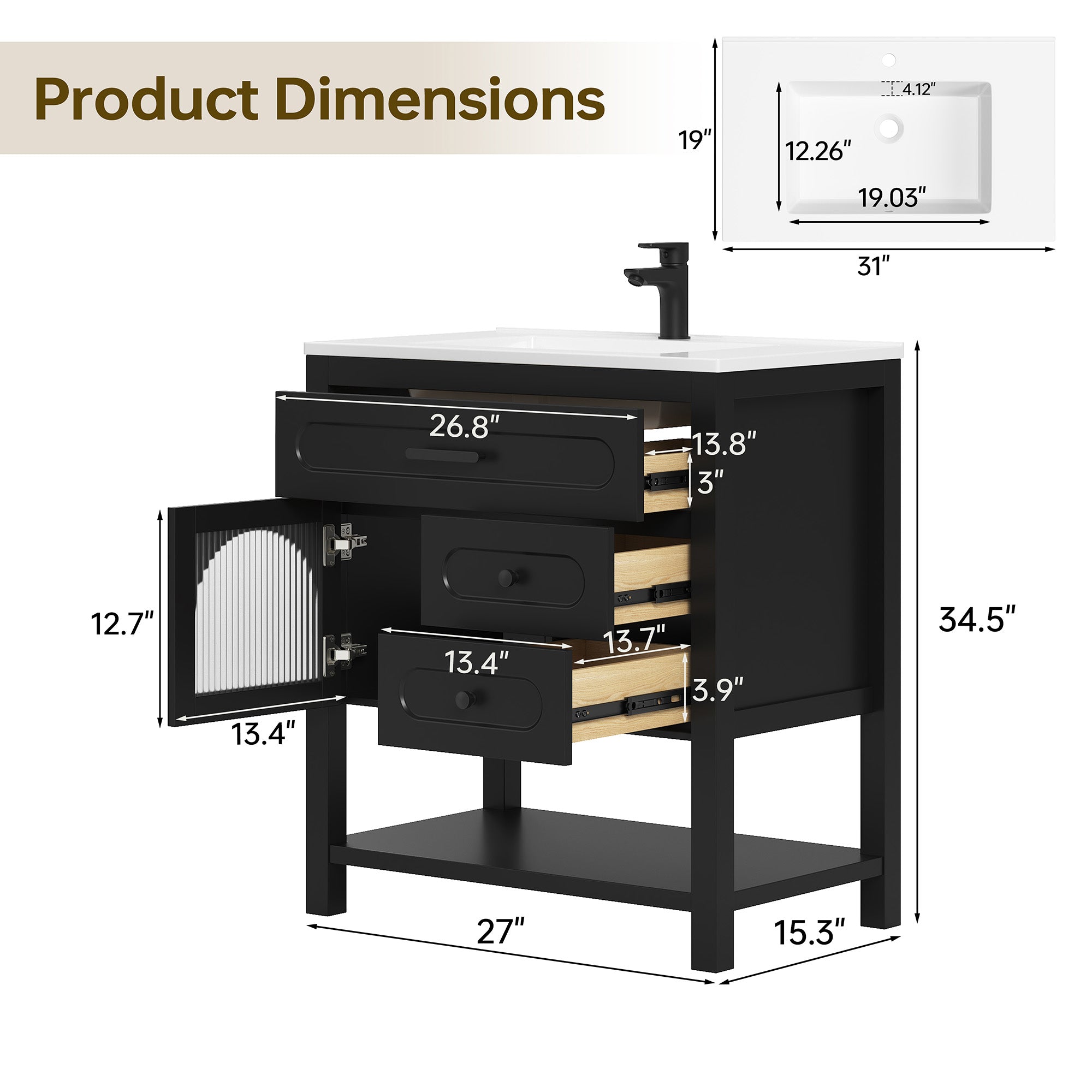 Deluxe Living 30 Inch Black Bathroom Vanity with Sink,Soft-Closing Glass Door & Soft-Closing Drawers, SMC Sink, Adjustable Feet, Black
