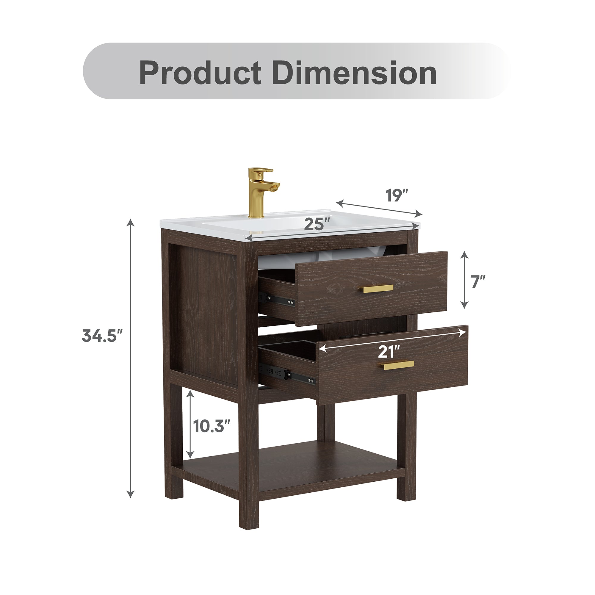 Deluxe Living 24 Inch Bathroom Vanity with Sink,2 Soft-Close Drawers & Open Storage Shelf, Integrated sink & Adjustable Feet