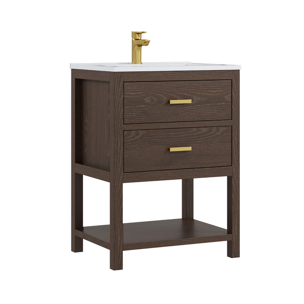 Deluxe Living 24 Inch Bathroom Vanity with Sink,2 Soft-Close Drawers & Open Storage Shelf, Integrated sink & Adjustable Feet