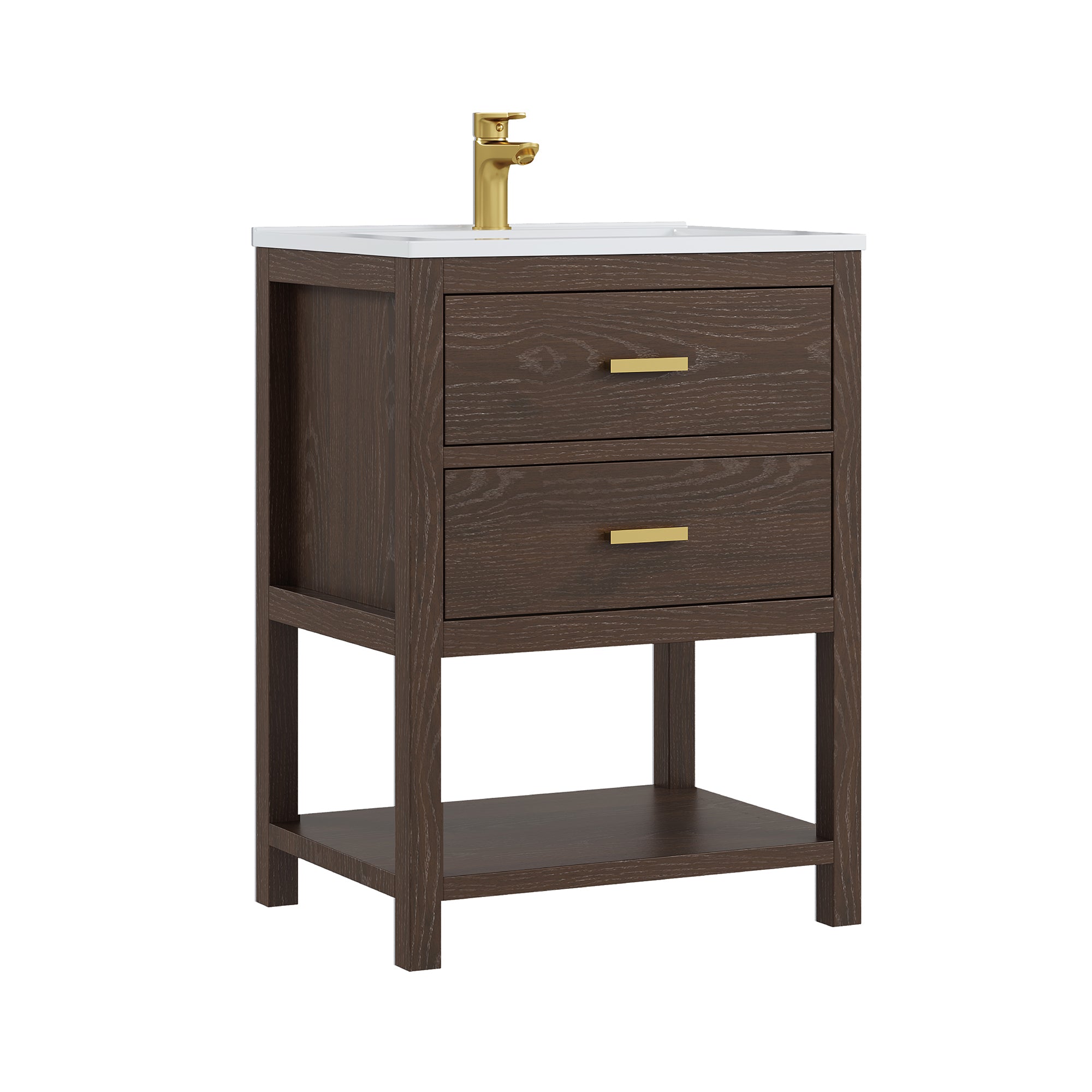Deluxe Living 24 Inch Bathroom Vanity with Sink,2 Soft-Close Drawers & Open Storage Shelf, Integrated sink & Adjustable Feet