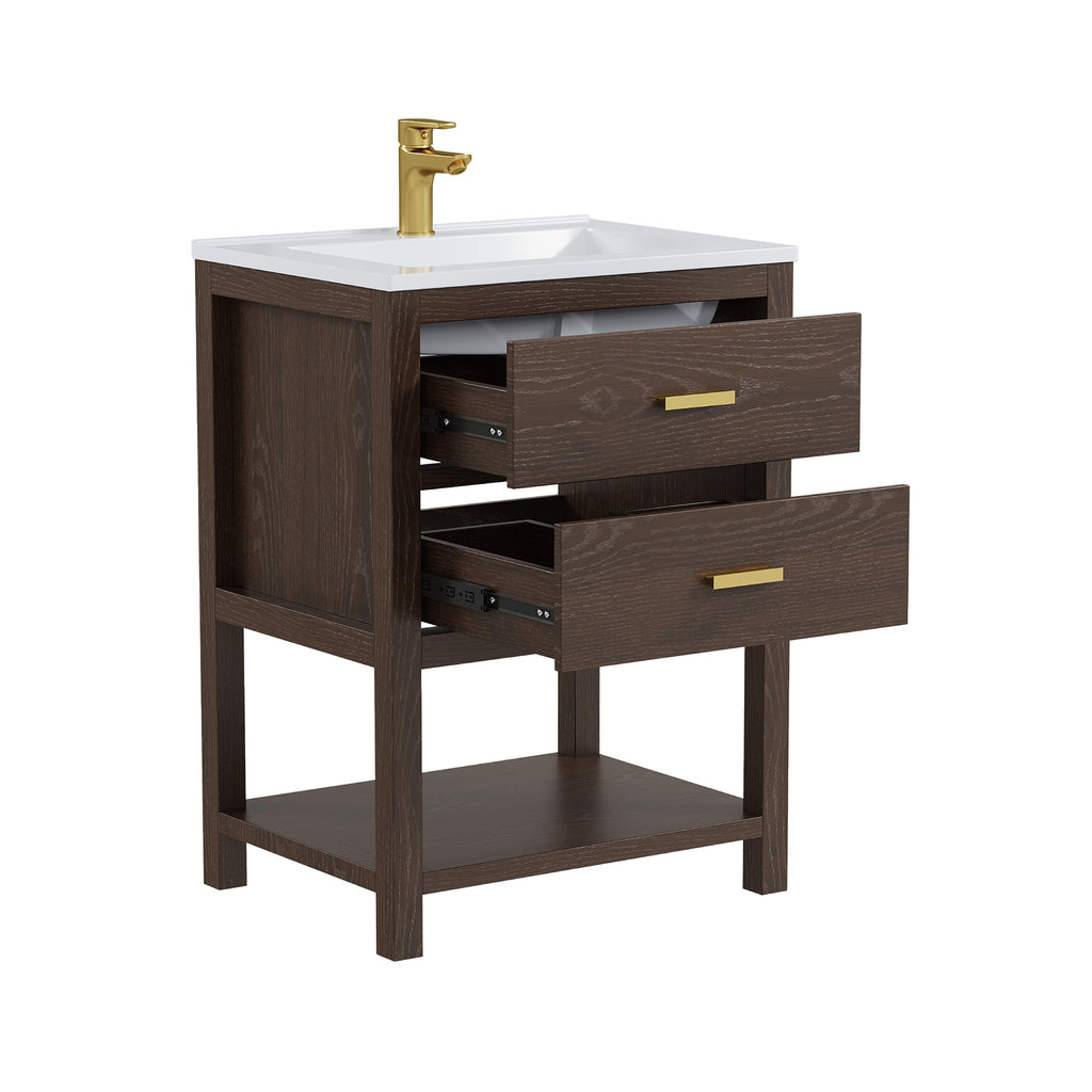Deluxe Living 24 Inch Bathroom Vanity with Sink,2 Soft-Close Drawers & Open Storage Shelf, Integrated sink & Adjustable Feet