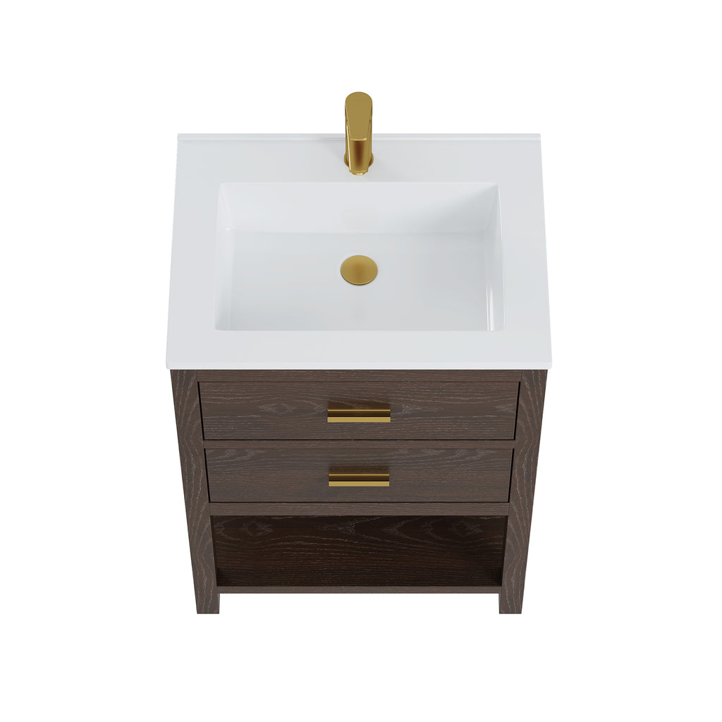 Deluxe Living 24 Inch Bathroom Vanity with Sink,2 Soft-Close Drawers & Open Storage Shelf, Integrated sink & Adjustable Feet