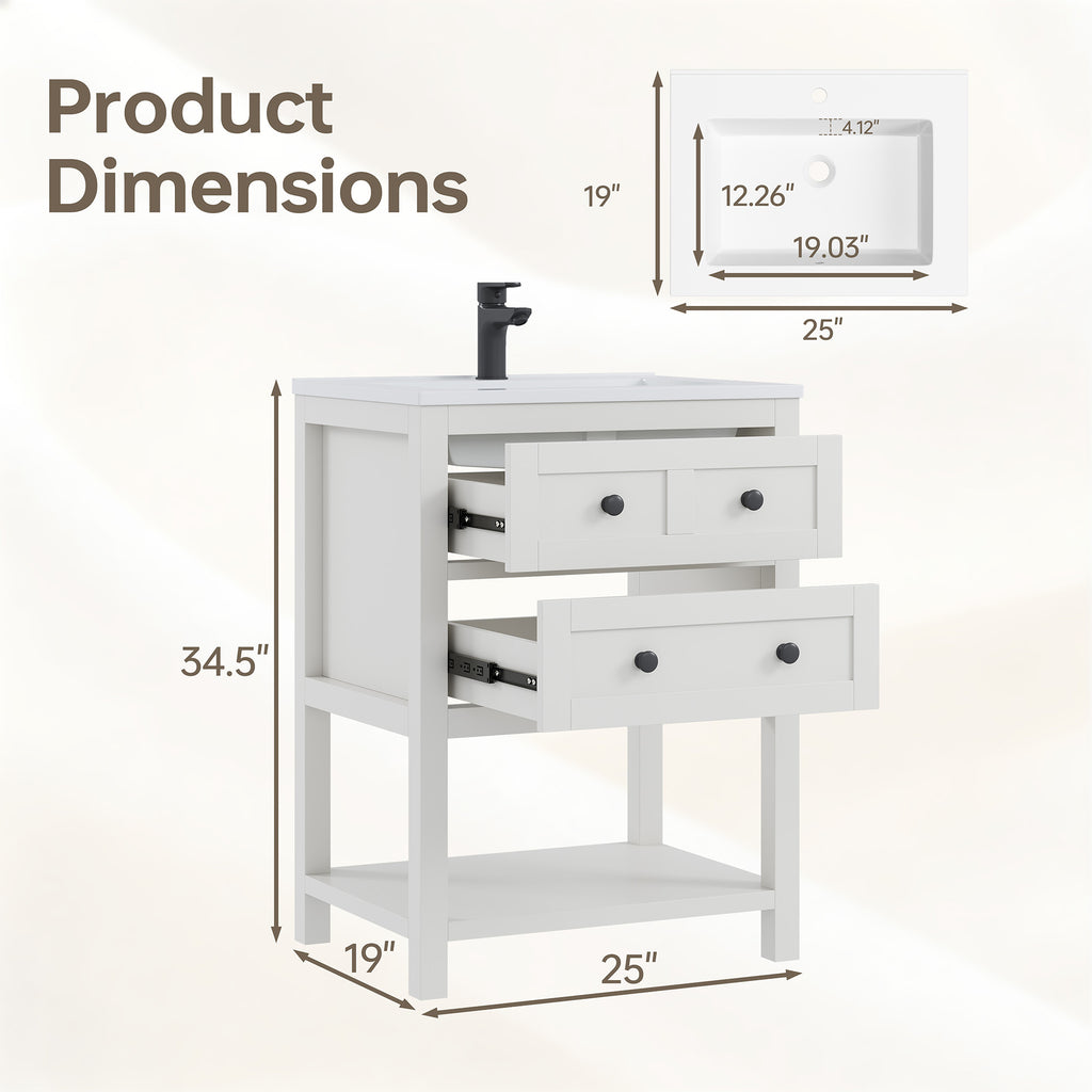 Deluxe Living 24 Inch Bathroom Vanity with Sink,Bathroom Cabinet with SMC Integrated Sink, Drawers & Open Storage Shelf, Easy Assembly,White