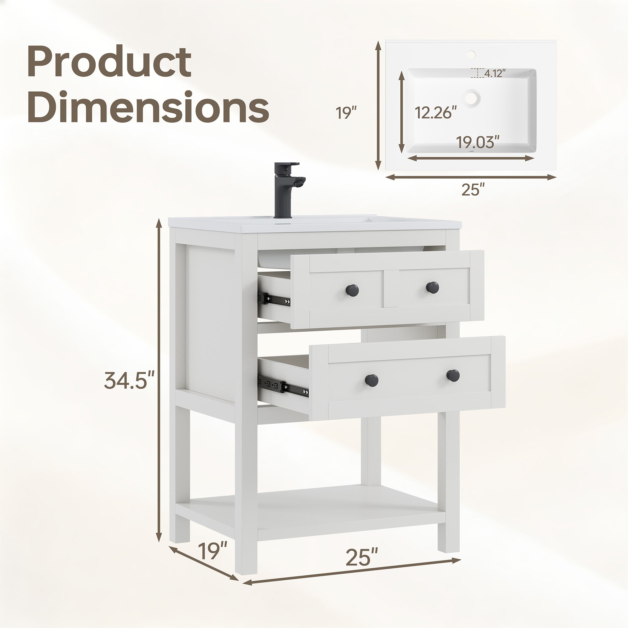 Deluxe Living 24 Inch Bathroom Vanity with Sink,Bathroom Cabinet with SMC Integrated Sink, Drawers & Open Storage Shelf, Easy Assembly,White