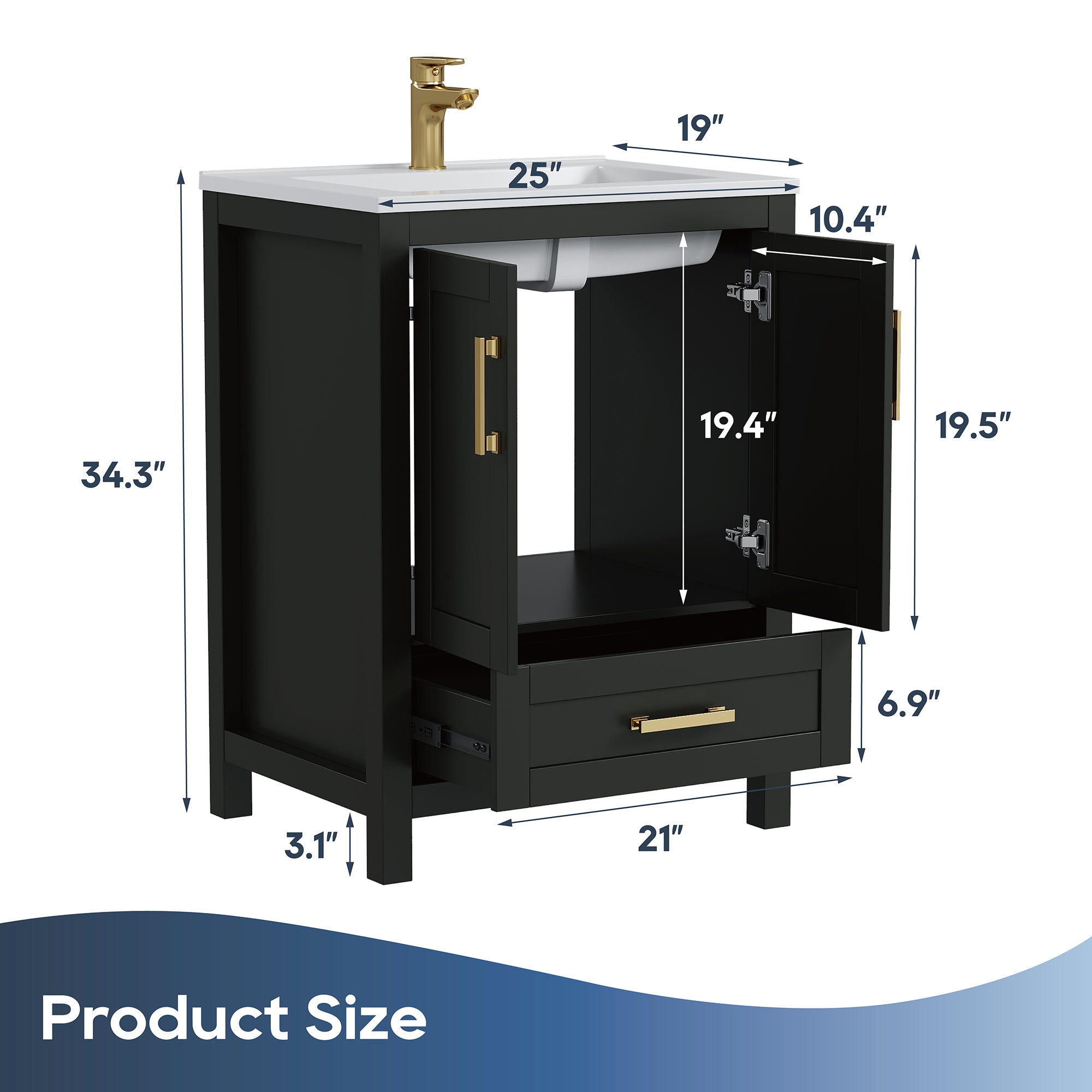 Deluxe Living 24 Inch Bathroom Vanity with Sink,Bathroom Sink Cabinet for Small Space, Soft Close Doors & Drawer, Integral SMC Sink,Black