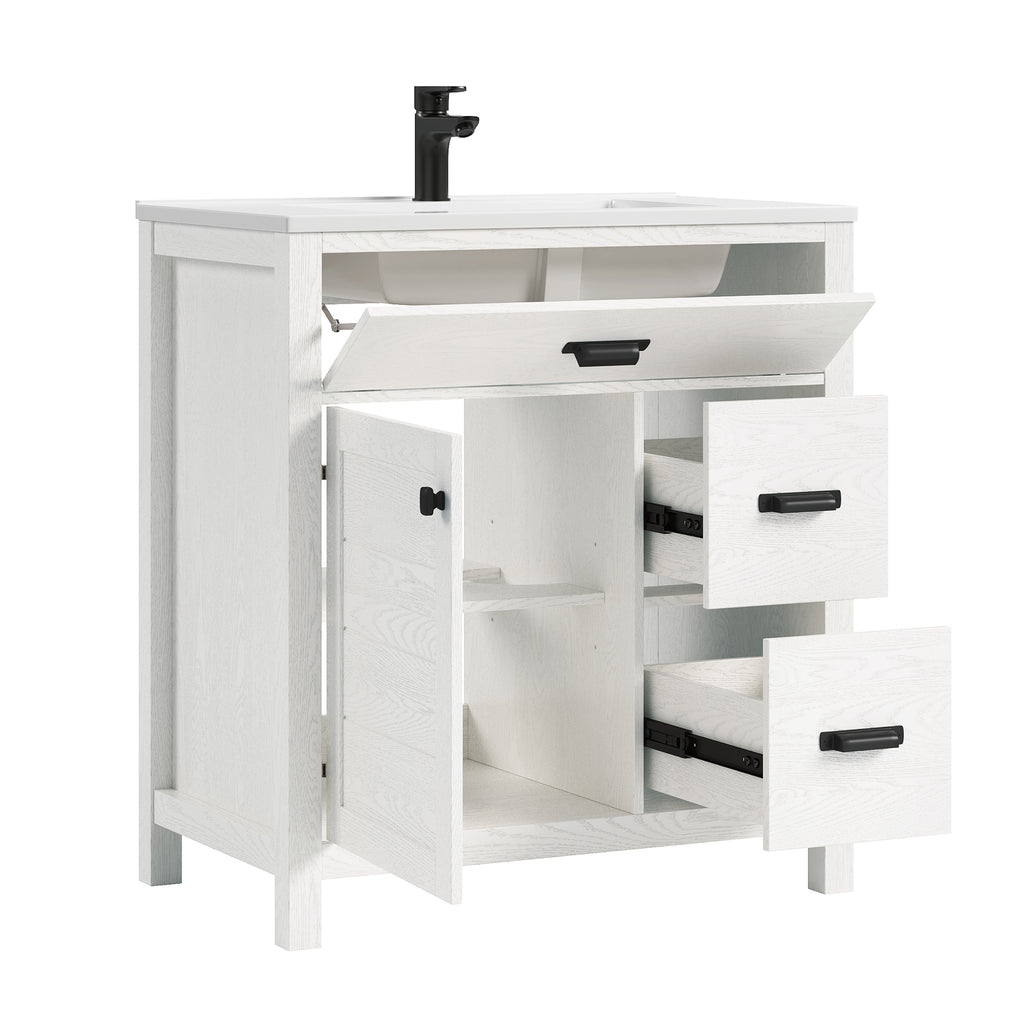 Deluxe Living 30 Inch Bathroom Vanity with Sink,White, Modern Bathroom Cabinet with integrated SMC sink, Soft-Closing Door & 3 Drawers, Easy Assembly