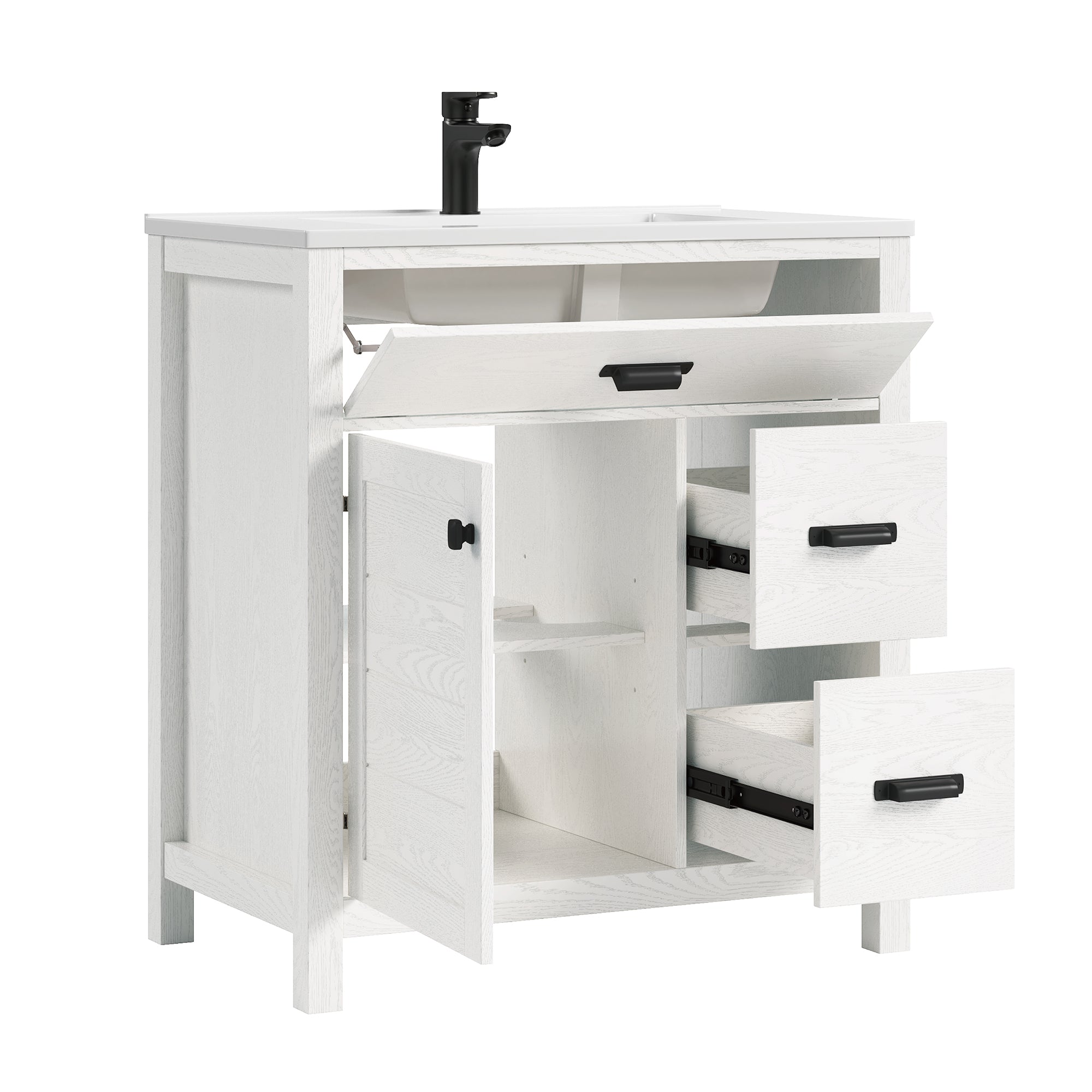 Deluxe Living 30 Inch Bathroom Vanity with Sink,White, Modern Bathroom Cabinet with integrated SMC sink, Soft-Closing Door & 3 Drawers, Easy Assembly