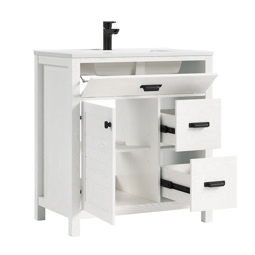 Deluxe Living 30 Inch Bathroom Vanity with Sink,White, Modern Bathroom Cabinet with integrated SMC sink, Soft-Closing Door & 3 Drawers, Easy Assembly
