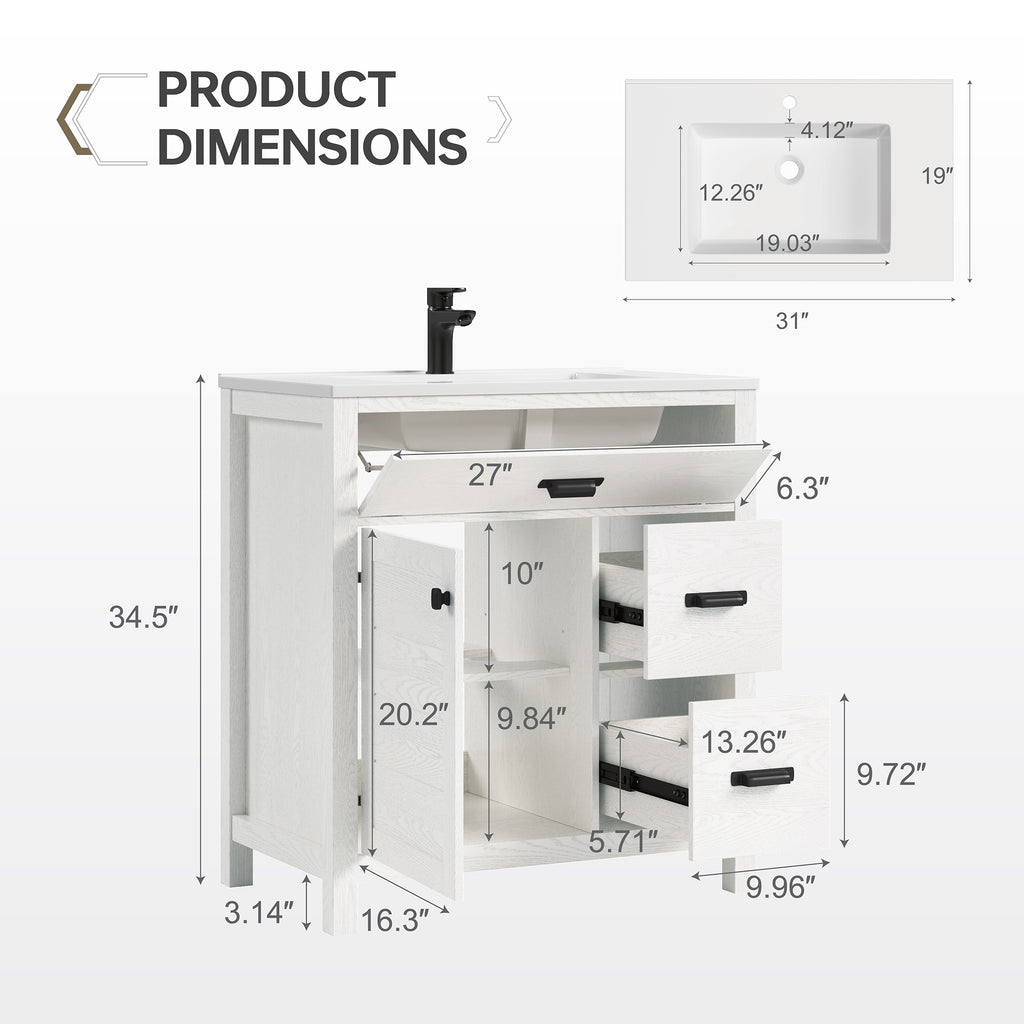 Deluxe Living 30 Inch Bathroom Vanity with Sink,White, Modern Bathroom Cabinet with integrated SMC sink, Soft-Closing Door & 3 Drawers, Easy Assembly