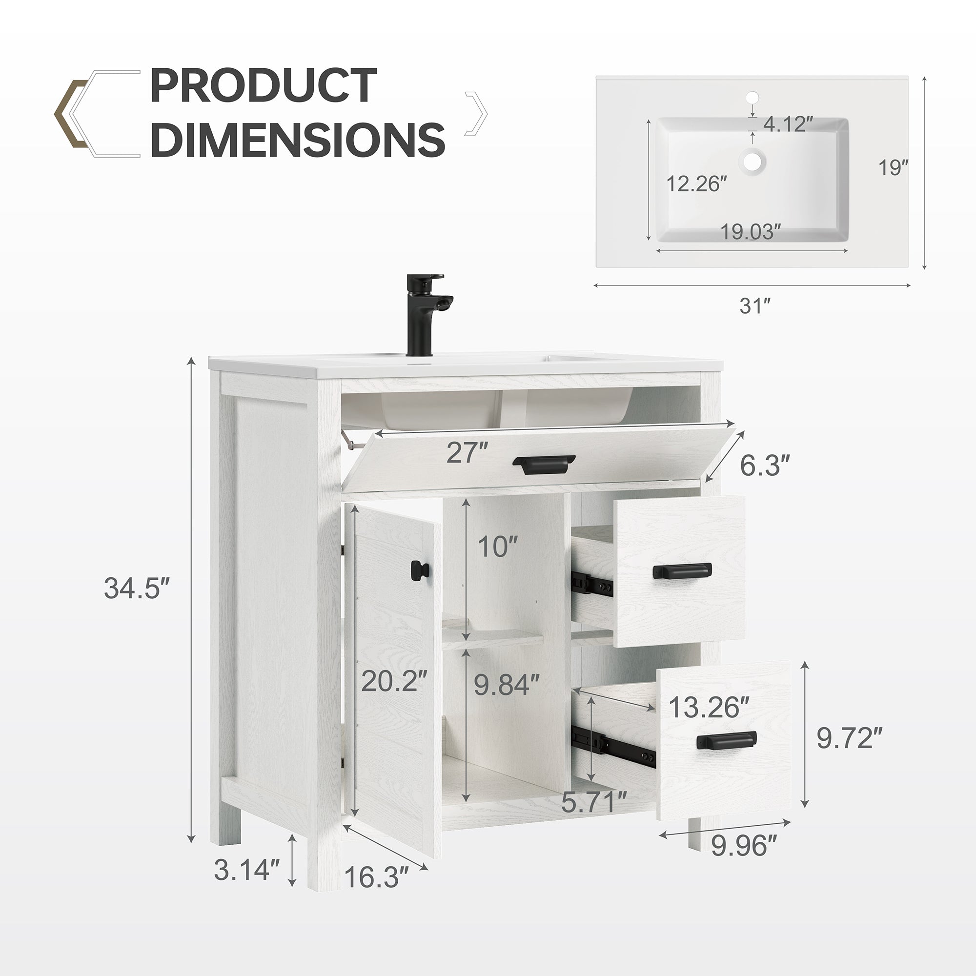 Deluxe Living 30 Inch Bathroom Vanity with Sink,White, Modern Bathroom Cabinet with integrated SMC sink, Soft-Closing Door & 3 Drawers, Easy Assembly