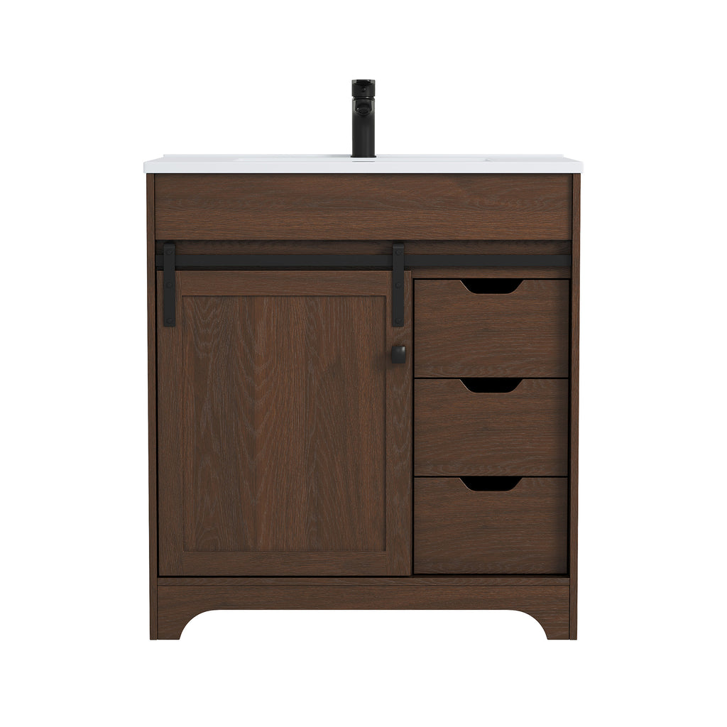 Deluxe Living 30" Bathroom Vanity with Sink,Bathroom Vanity with Sliding Barn Door,Integrated SMC Sink,3 Soft-Close Drawers,Easy Assembly, Brown
