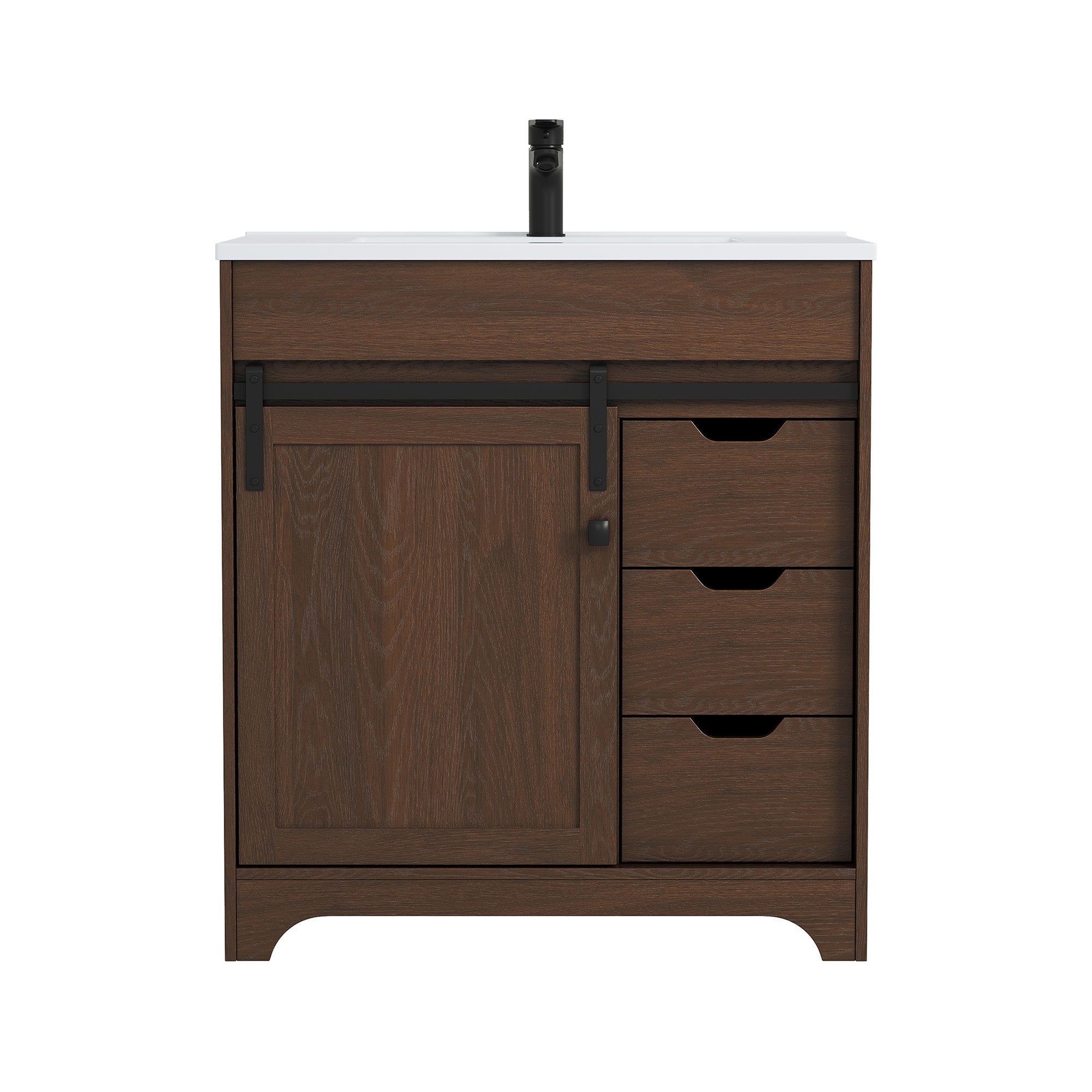 Deluxe Living 30" Bathroom Vanity with Sink,Bathroom Vanity with Sliding Barn Door,Integrated SMC Sink,3 Soft-Close Drawers,Easy Assembly, Brown