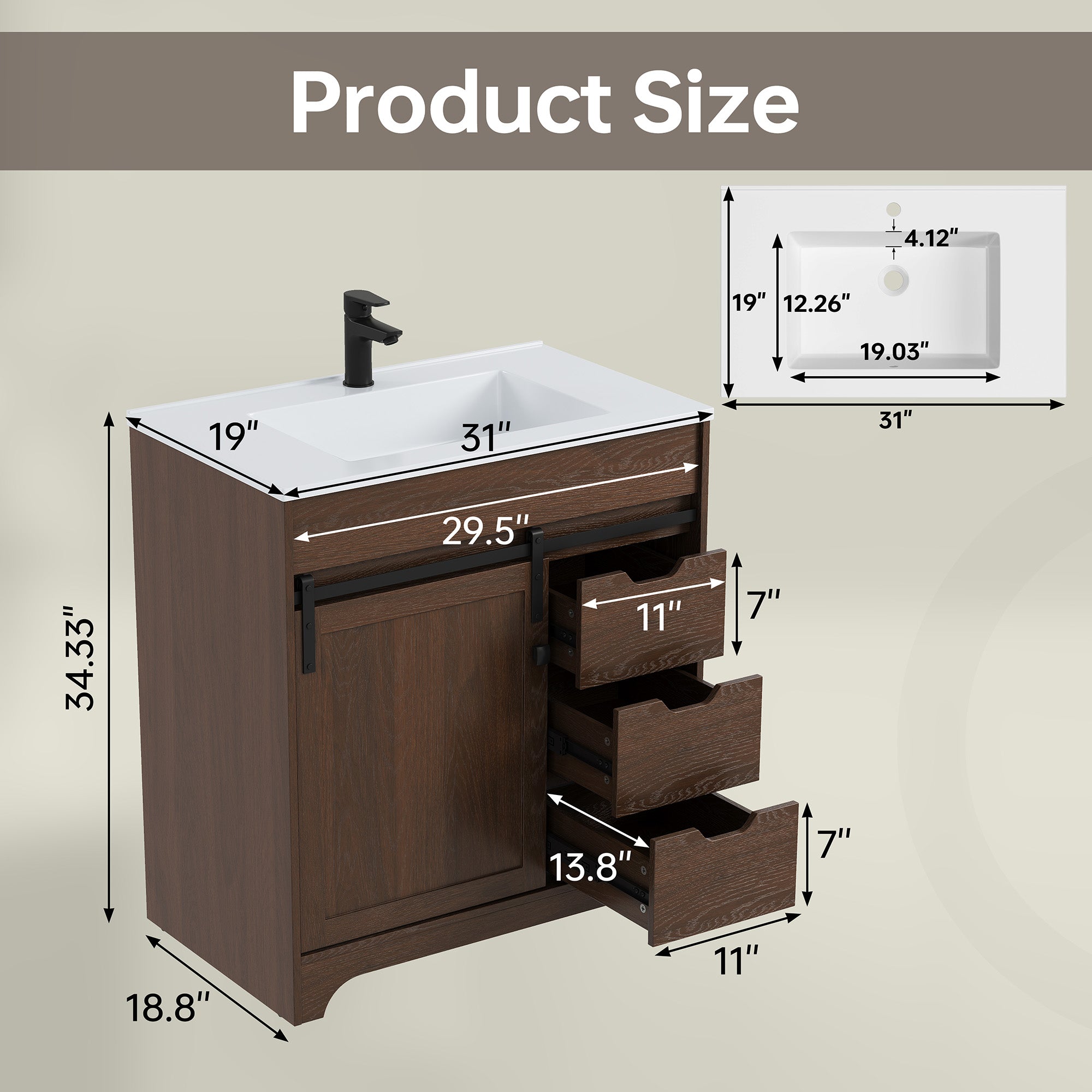 Deluxe Living 30" Bathroom Vanity with Sink,Bathroom Vanity with Sliding Barn Door,Integrated SMC Sink,3 Soft-Close Drawers,Easy Assembly, Brown