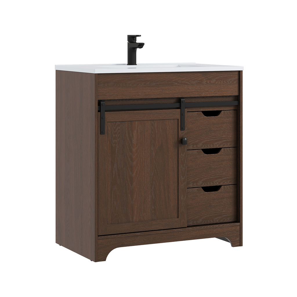 Deluxe Living 30" Bathroom Vanity with Sink,Bathroom Vanity with Sliding Barn Door,Integrated SMC Sink,3 Soft-Close Drawers,Easy Assembly, Brown