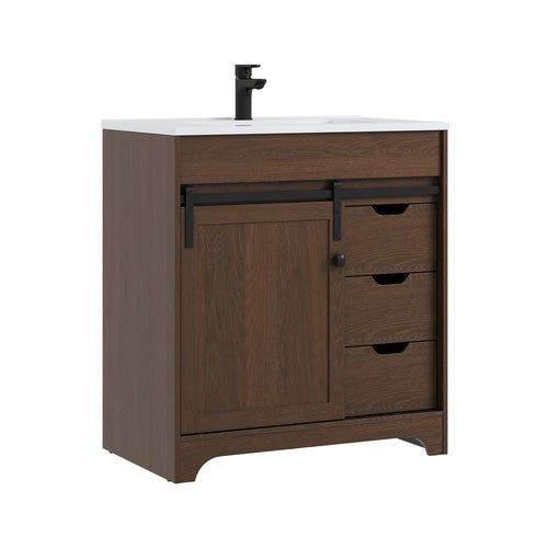 Deluxe Living 30" Bathroom Vanity with Sink,Bathroom Vanity with Sliding Barn Door,Integrated SMC Sink,3 Soft-Close Drawers,Easy Assembly, Brown