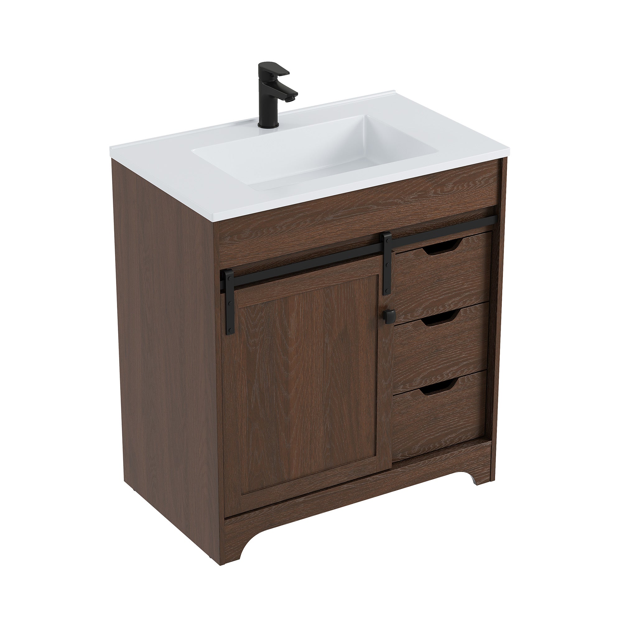 Deluxe Living 30" Bathroom Vanity with Sink,Bathroom Vanity with Sliding Barn Door,Integrated SMC Sink,3 Soft-Close Drawers,Easy Assembly, Brown