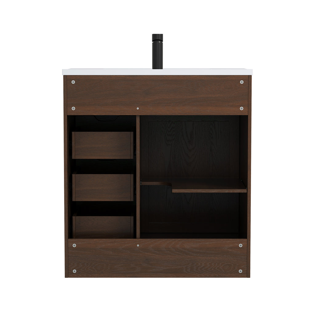 Deluxe Living 30" Bathroom Vanity with Sink,Bathroom Vanity with Sliding Barn Door,Integrated SMC Sink,3 Soft-Close Drawers,Easy Assembly, Brown