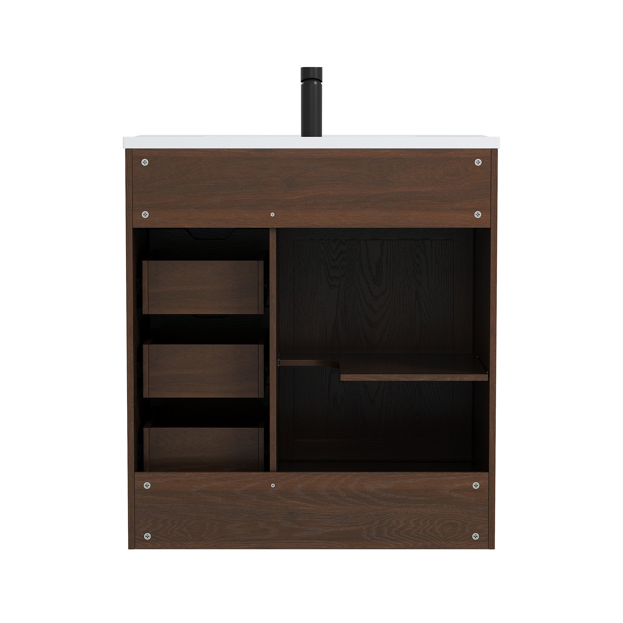Deluxe Living 30" Bathroom Vanity with Sink,Bathroom Vanity with Sliding Barn Door,Integrated SMC Sink,3 Soft-Close Drawers,Easy Assembly, Brown