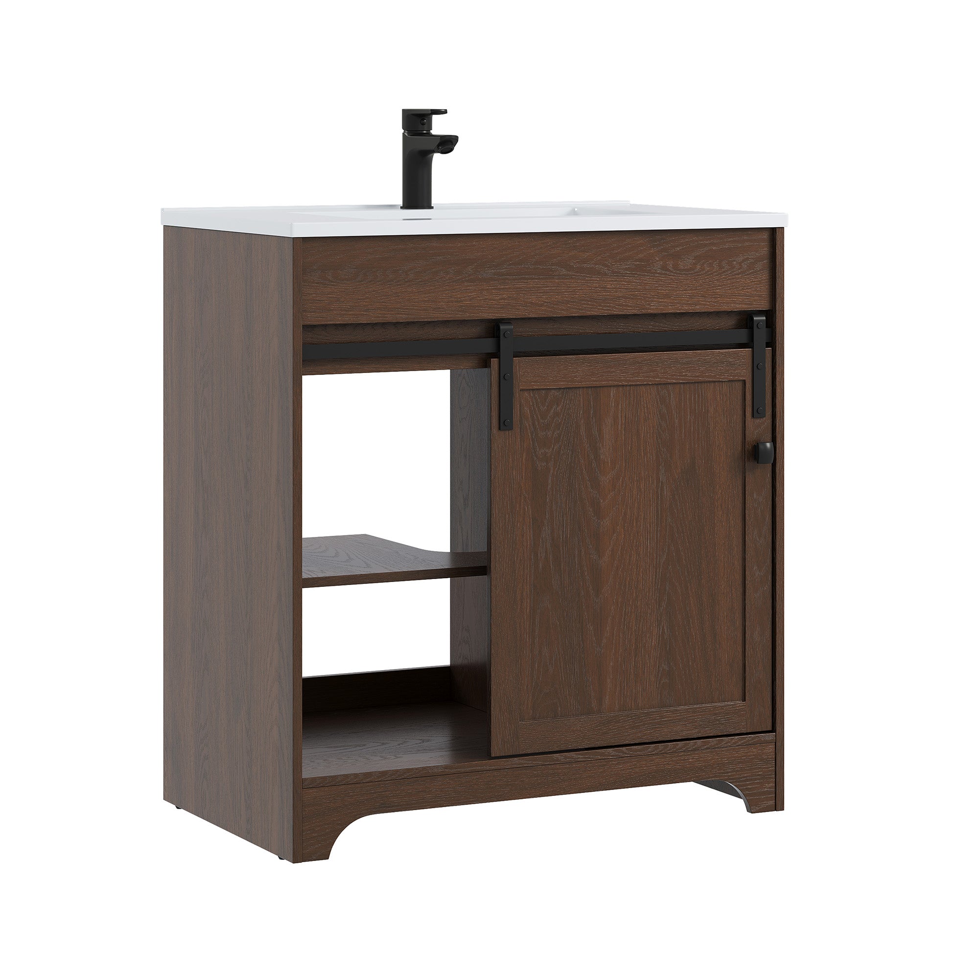 Deluxe Living 30" Bathroom Vanity with Sink,Bathroom Vanity with Sliding Barn Door,Integrated SMC Sink,3 Soft-Close Drawers,Easy Assembly, Brown