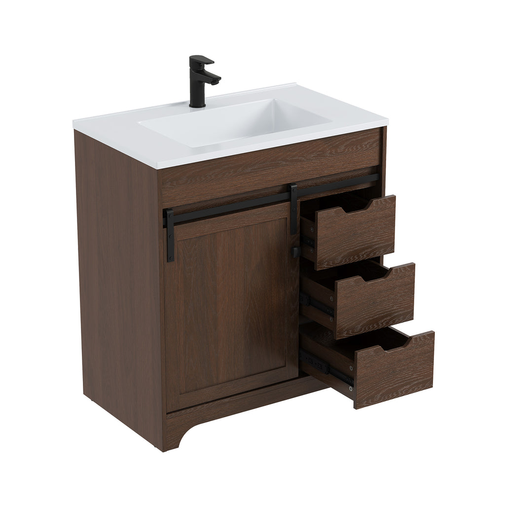 Deluxe Living 30" Bathroom Vanity with Sink,Bathroom Vanity with Sliding Barn Door,Integrated SMC Sink,3 Soft-Close Drawers,Easy Assembly, Brown