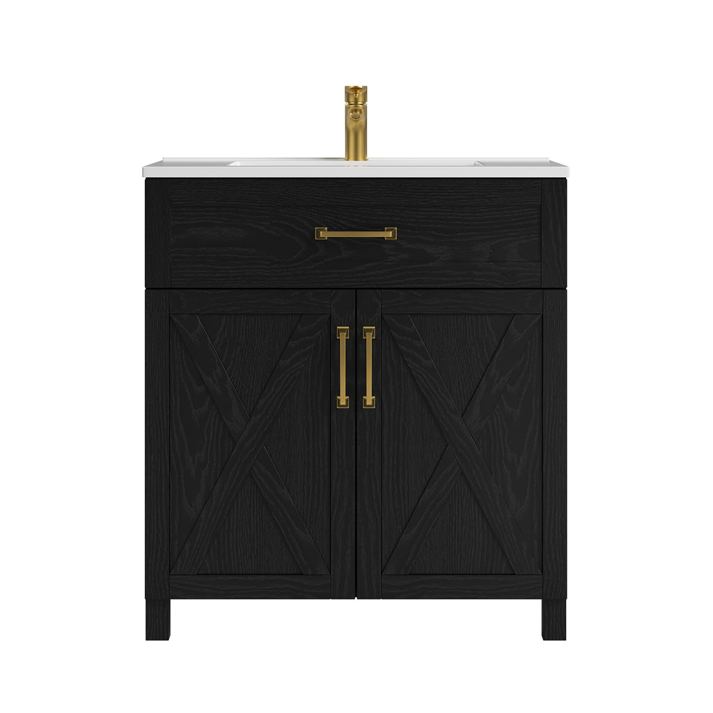 Deluxe Living 30 Inch Farmhouse Bathroom Vanity with Sink, Integrated SMC Sink, Soft-Close Doors, Tip-Out Drawer, Adjustable Feet, Black