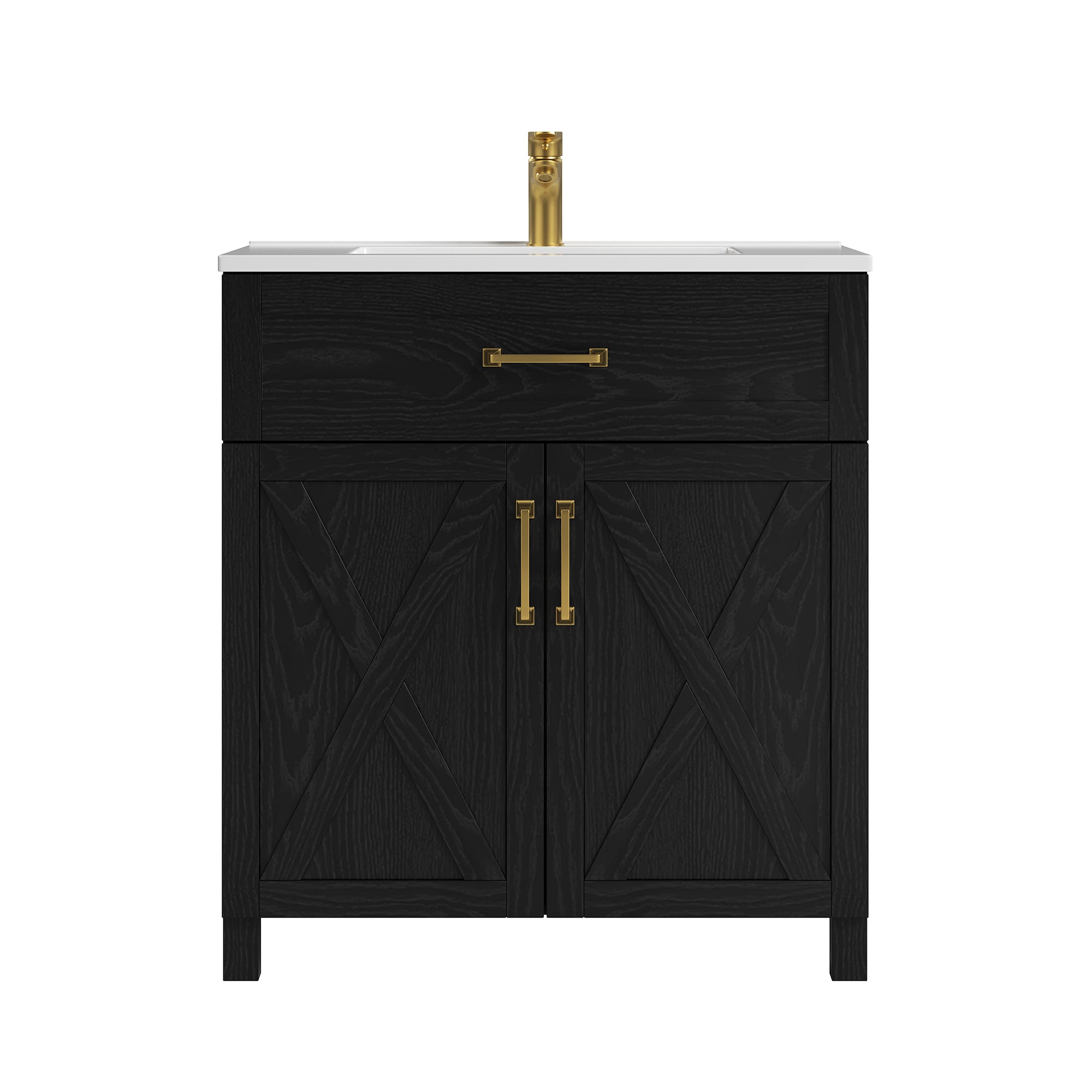 Deluxe Living 30 Inch Farmhouse Bathroom Vanity with Sink, Integrated SMC Sink, Soft-Close Doors, Tip-Out Drawer, Adjustable Feet, Black