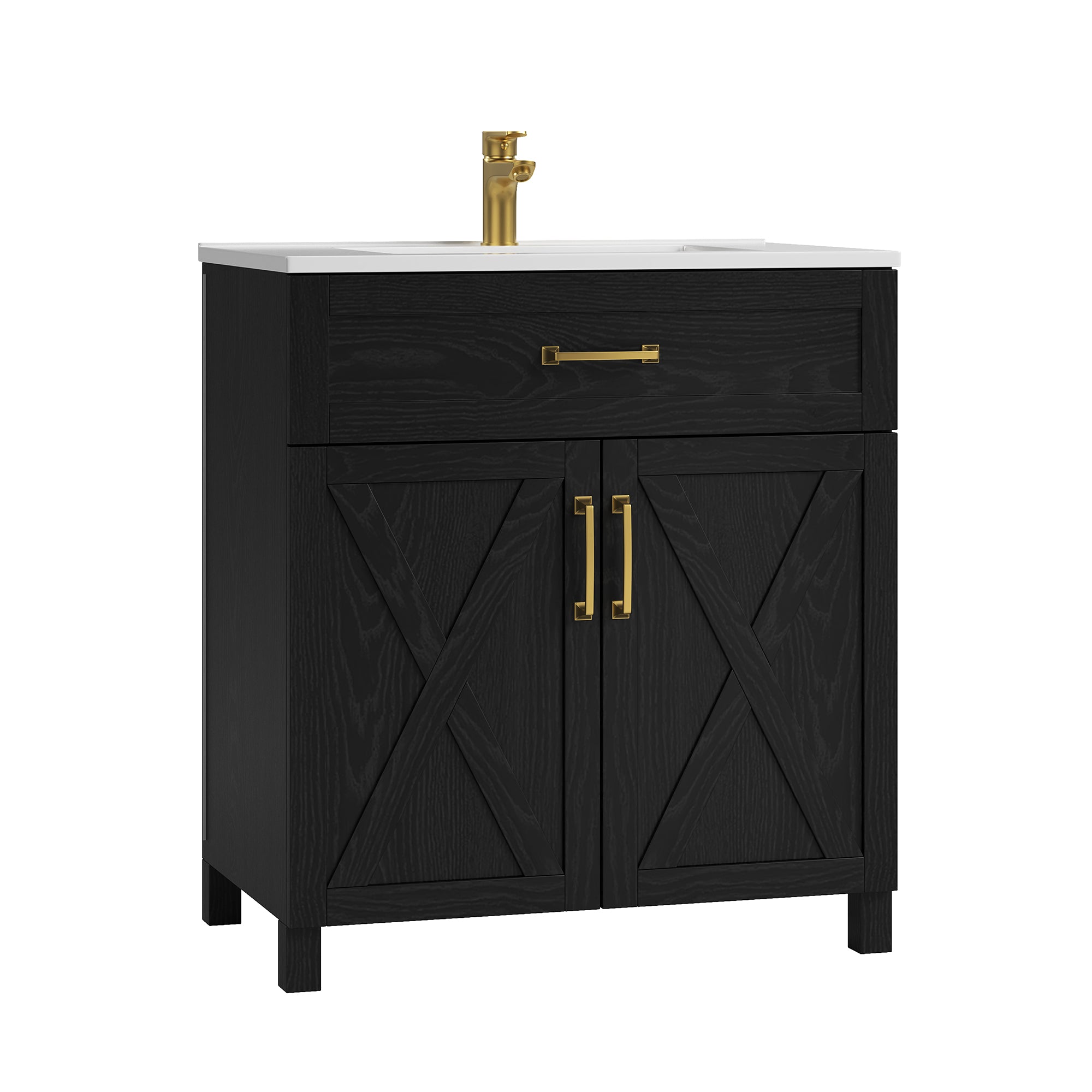 Deluxe Living 30 Inch Farmhouse Bathroom Vanity with Sink, Integrated SMC Sink, Soft-Close Doors, Tip-Out Drawer, Adjustable Feet, Black