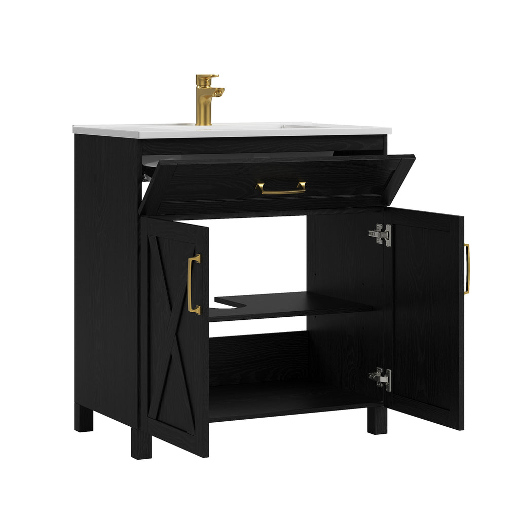 Deluxe Living 30 Inch Farmhouse Bathroom Vanity with Sink, Integrated SMC Sink, Soft-Close Doors, Tip-Out Drawer, Adjustable Feet, Black
