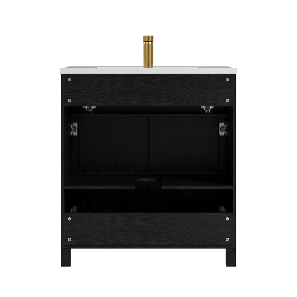 Deluxe Living 30 Inch Farmhouse Bathroom Vanity with Sink, Integrated SMC Sink, Soft-Close Doors, Tip-Out Drawer, Adjustable Feet, Black