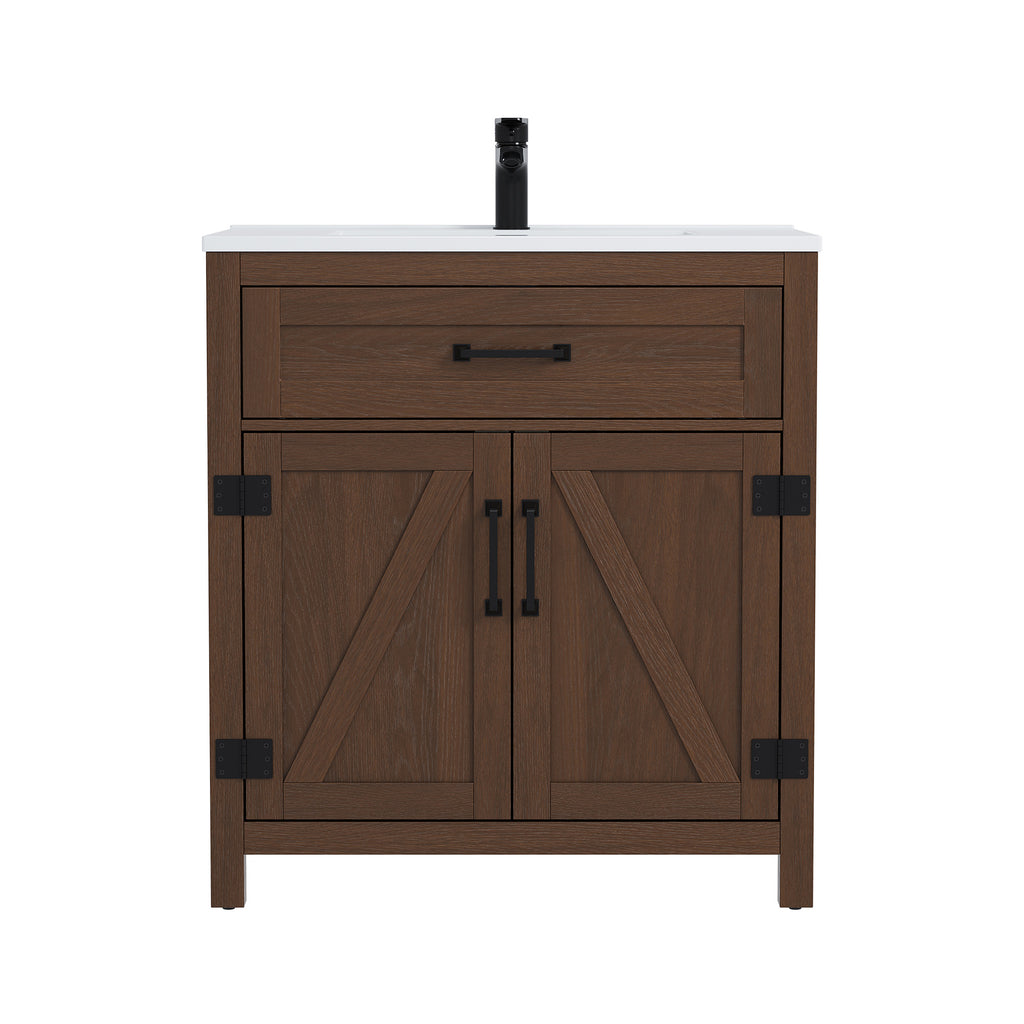 Deluxe Living 30" Farmhouse Bathroom Vanity with Sink,Walnut,Integrated SMC sink,tip-out storage,soft-close doors, black hardware and adjustable feet