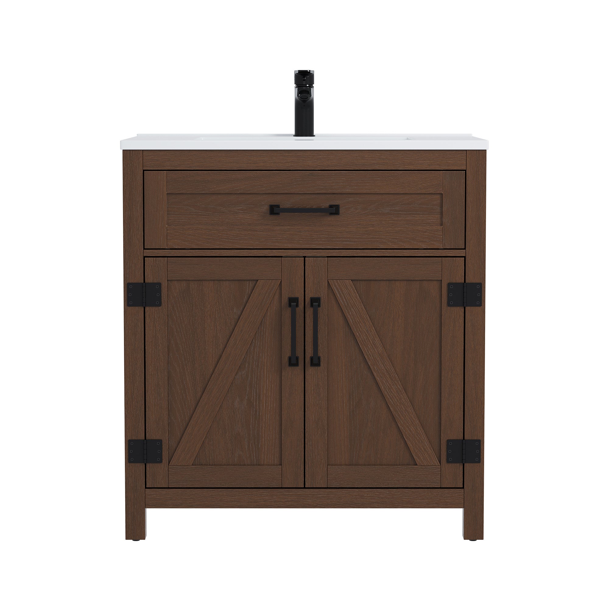 Deluxe Living 30" Farmhouse Bathroom Vanity with Sink,Walnut,Integrated SMC sink,tip-out storage,soft-close doors, black hardware and adjustable feet