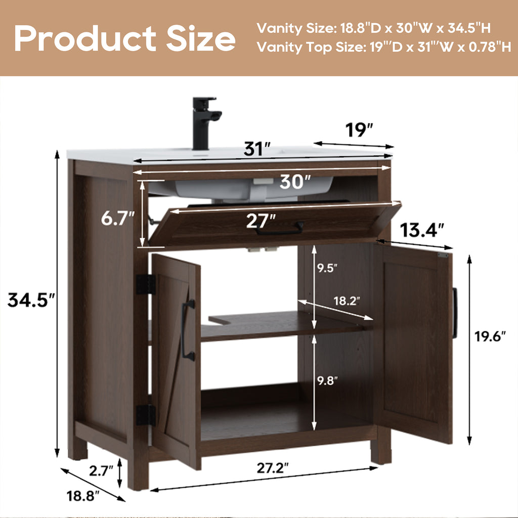 Deluxe Living 30" Farmhouse Bathroom Vanity with Sink,Walnut,Integrated SMC sink,tip-out storage,soft-close doors, black hardware and adjustable feet