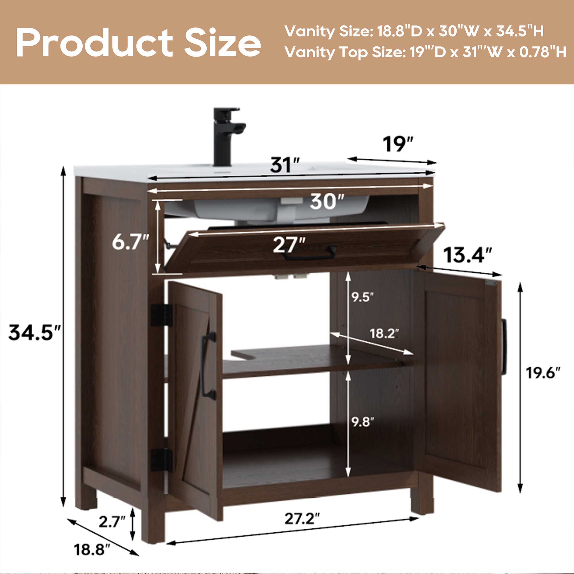 Deluxe Living 30" Farmhouse Bathroom Vanity with Sink,Walnut,Integrated SMC sink,tip-out storage,soft-close doors, black hardware and adjustable feet