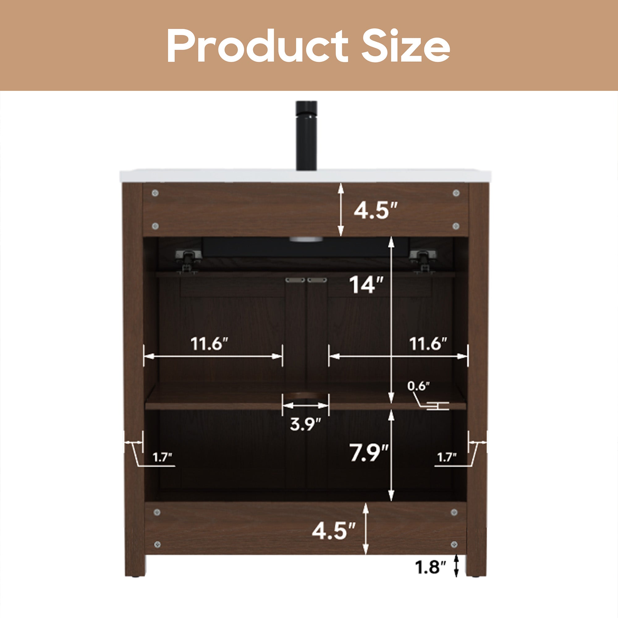 Deluxe Living 30" Farmhouse Bathroom Vanity with Sink,Walnut,Integrated SMC sink,tip-out storage,soft-close doors, black hardware and adjustable feet