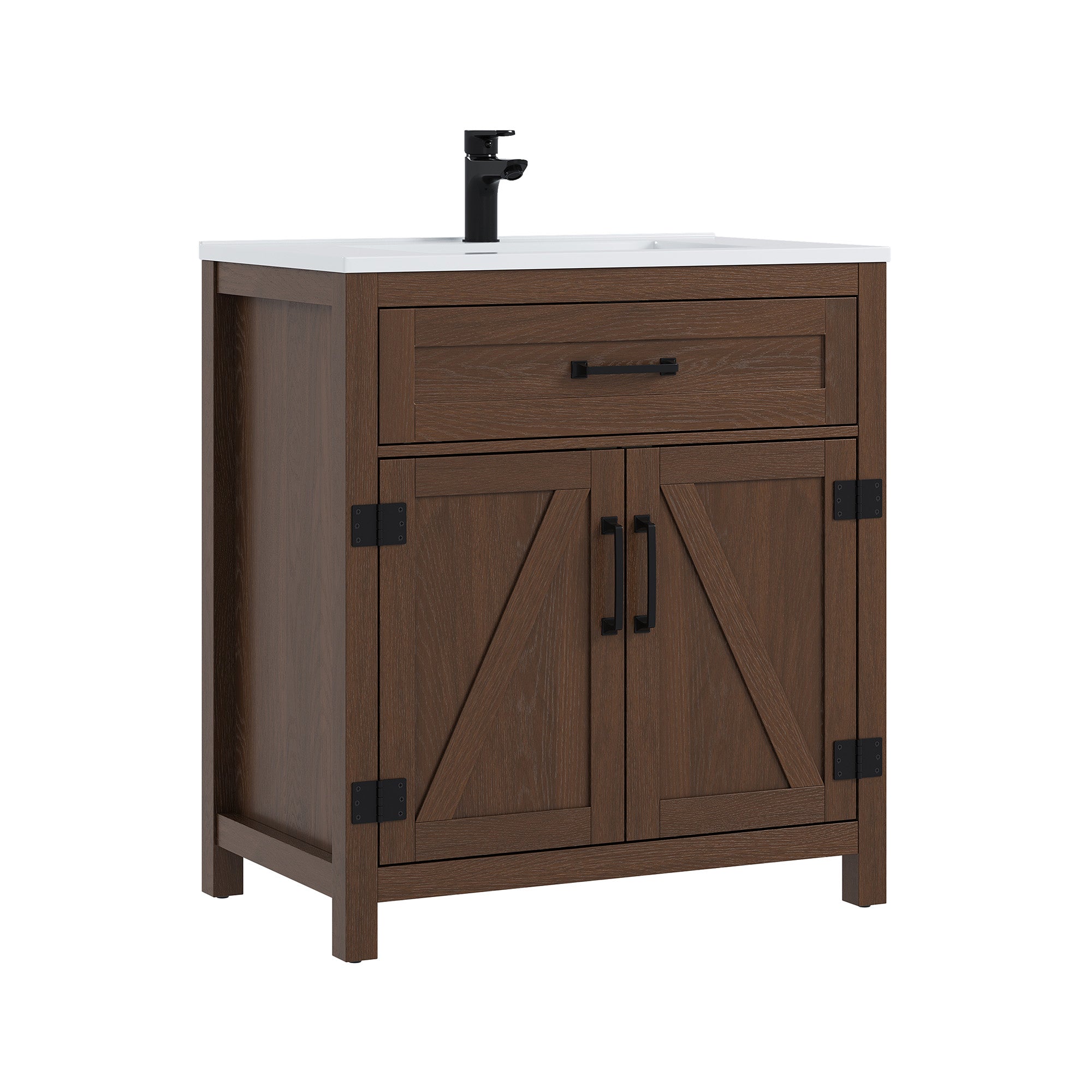 Deluxe Living 30" Farmhouse Bathroom Vanity with Sink,Walnut,Integrated SMC sink,tip-out storage,soft-close doors, black hardware and adjustable feet