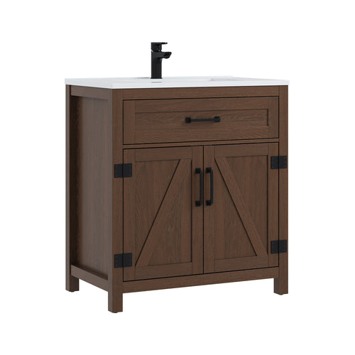 Deluxe Living 30" Farmhouse Bathroom Vanity with Sink,Walnut,Integrated SMC sink,tip-out storage,soft-close doors, black hardware and adjustable feet