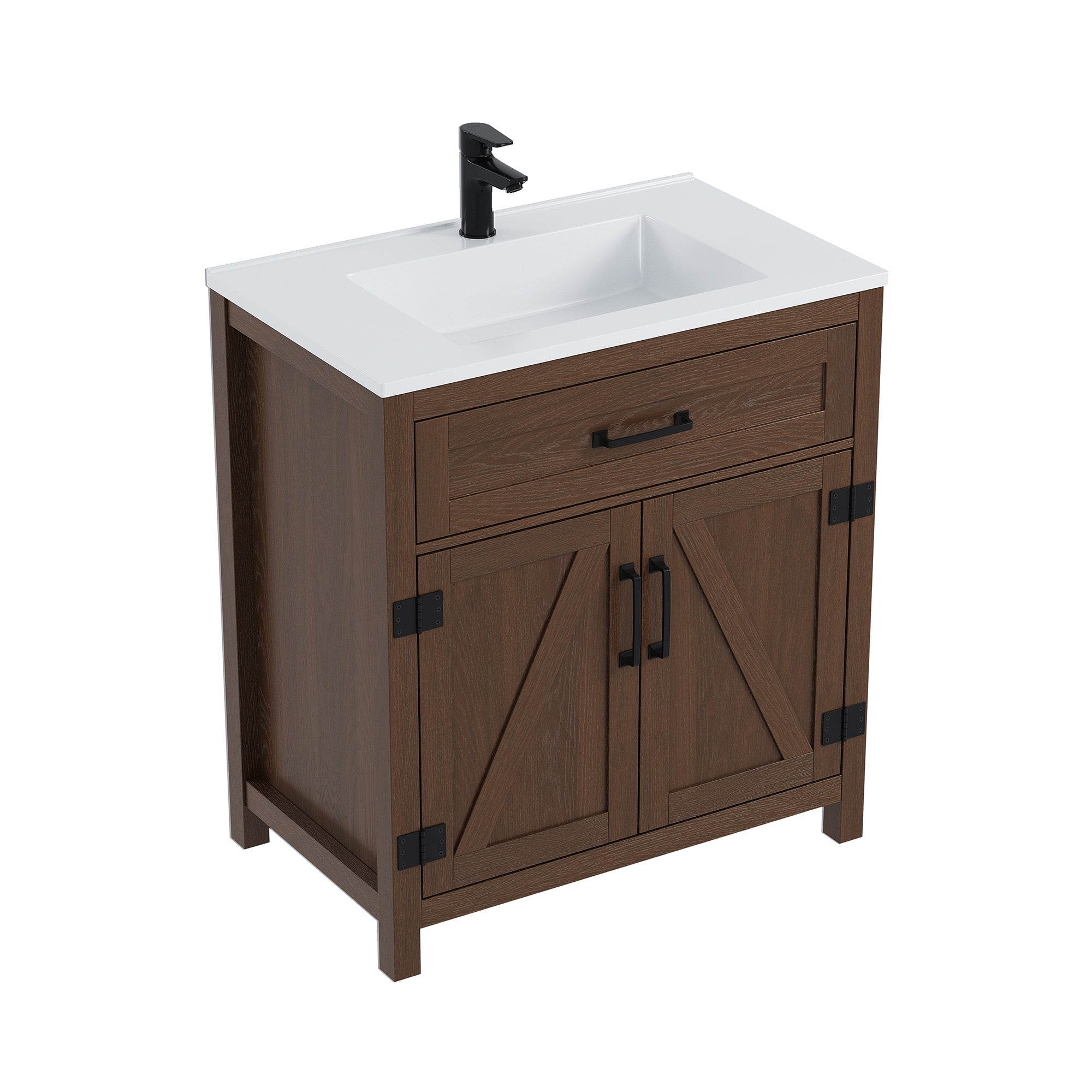 Deluxe Living 30" Farmhouse Bathroom Vanity with Sink,Walnut,Integrated SMC sink,tip-out storage,soft-close doors, black hardware and adjustable feet