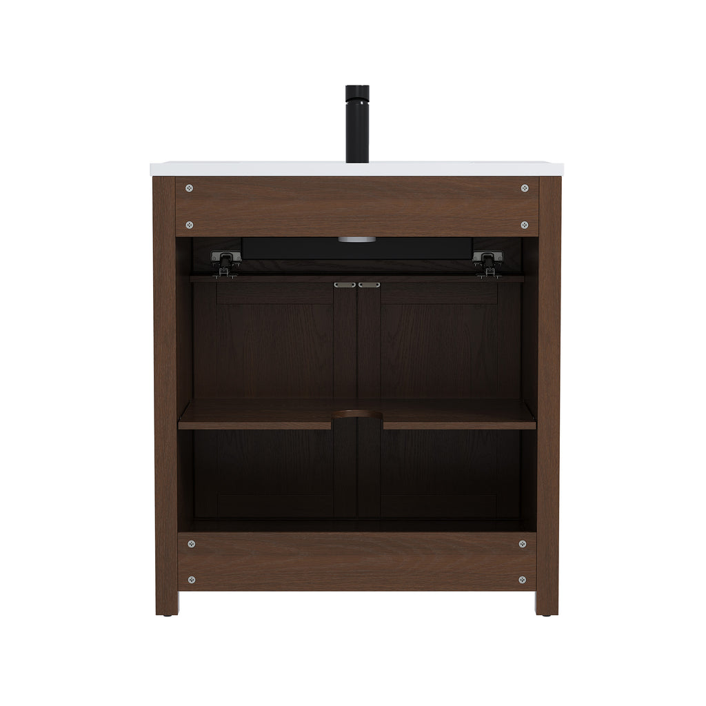 Deluxe Living 30" Farmhouse Bathroom Vanity with Sink,Walnut,Integrated SMC sink,tip-out storage,soft-close doors, black hardware and adjustable feet