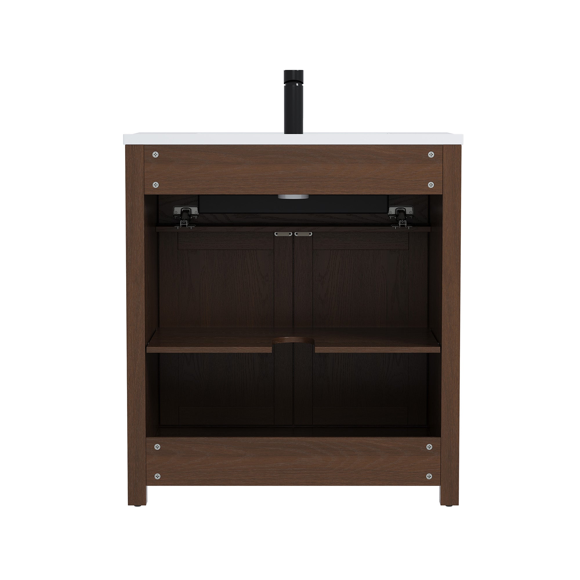 Deluxe Living 30" Farmhouse Bathroom Vanity with Sink,Walnut,Integrated SMC sink,tip-out storage,soft-close doors, black hardware and adjustable feet