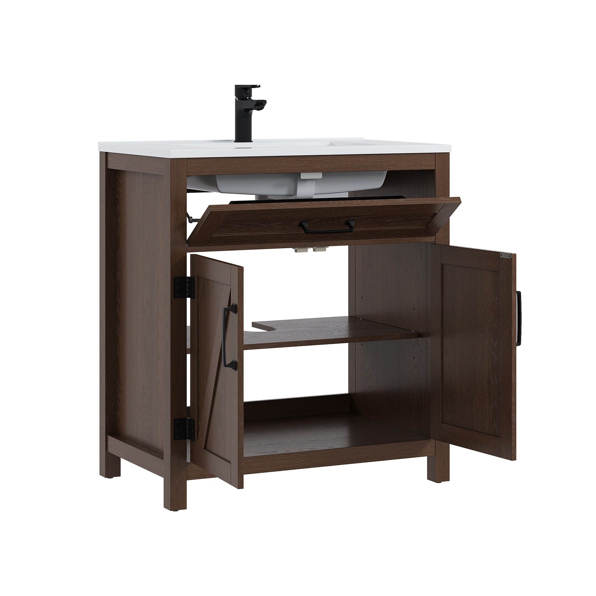 Deluxe Living 30" Farmhouse Bathroom Vanity with Sink,Walnut,Integrated SMC sink,tip-out storage,soft-close doors, black hardware and adjustable feet