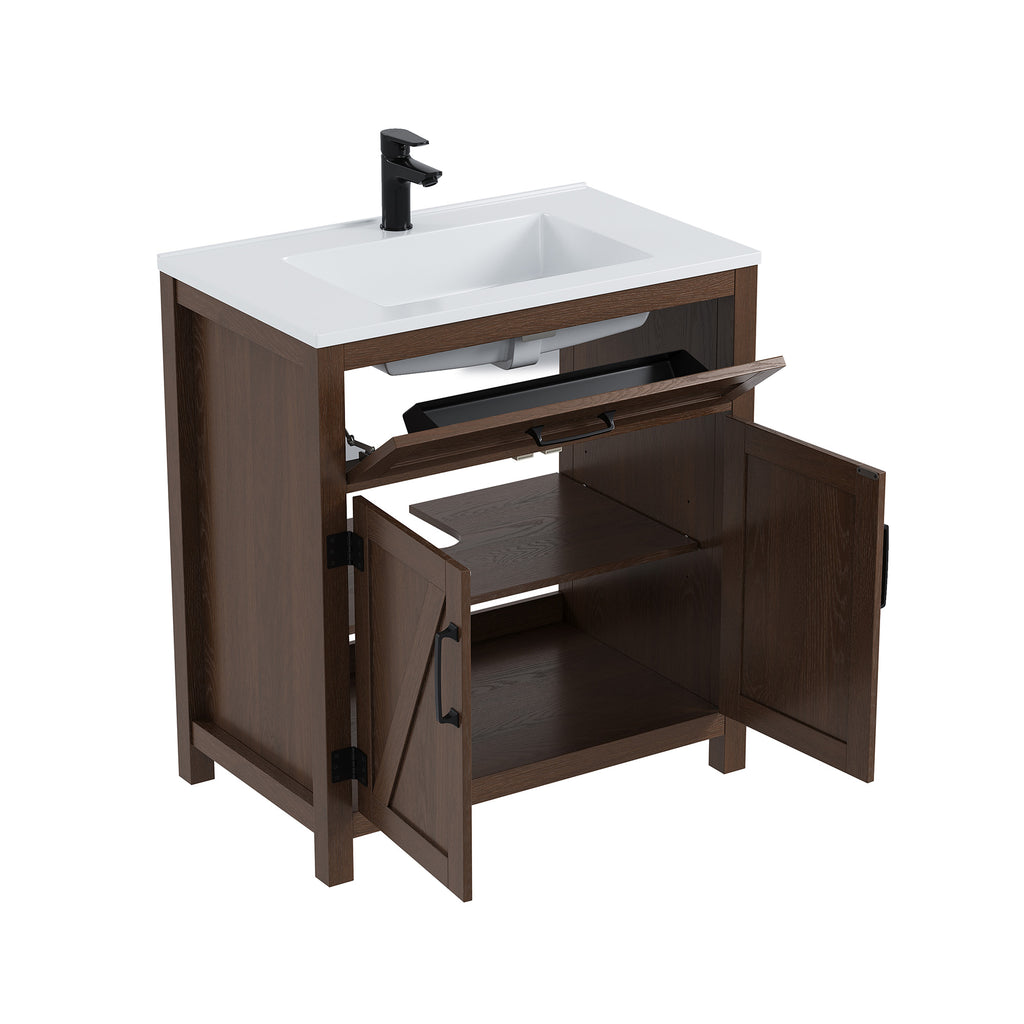 Deluxe Living 30" Farmhouse Bathroom Vanity with Sink,Walnut,Integrated SMC sink,tip-out storage,soft-close doors, black hardware and adjustable feet