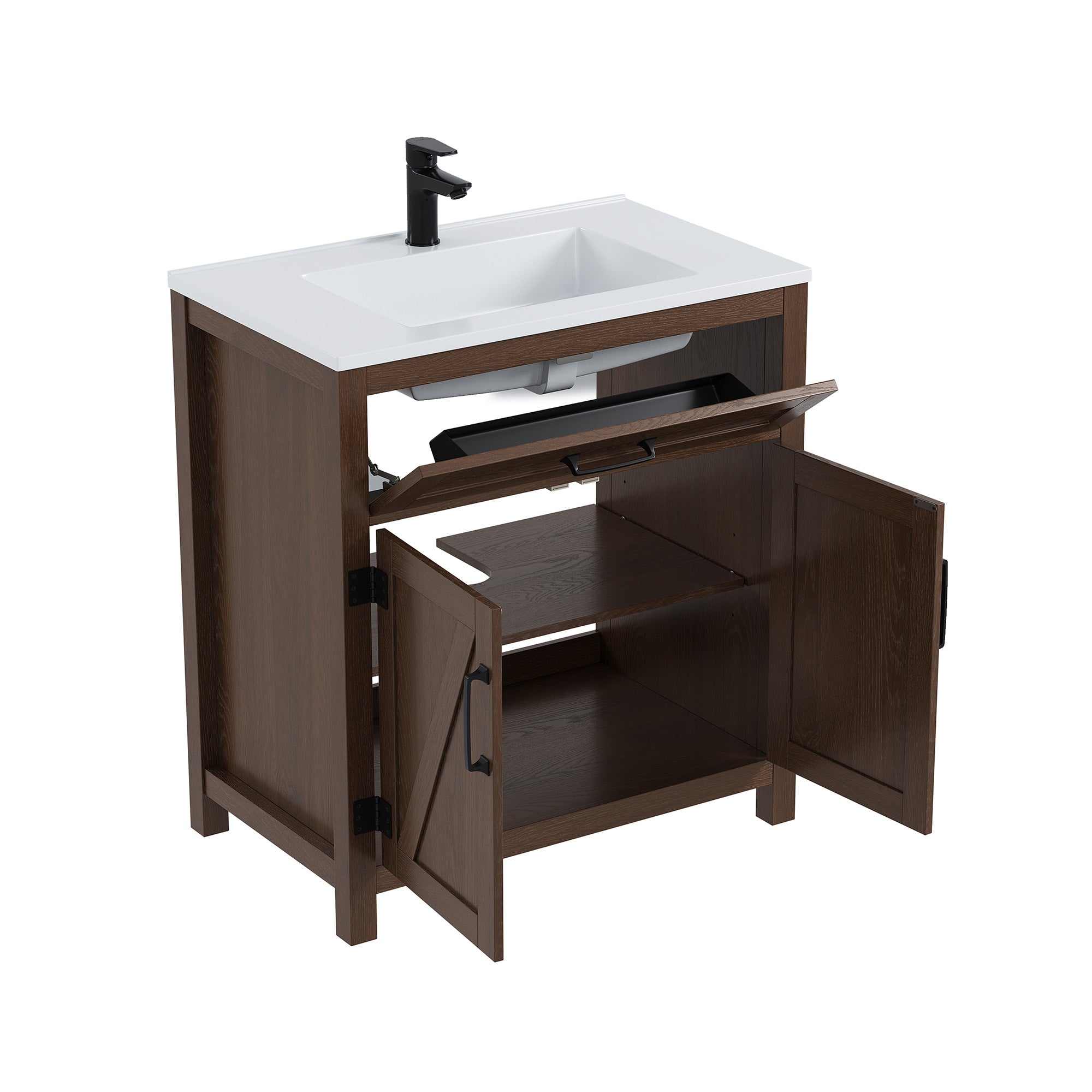 Deluxe Living 30" Farmhouse Bathroom Vanity with Sink,Walnut,Integrated SMC sink,tip-out storage,soft-close doors, black hardware and adjustable feet