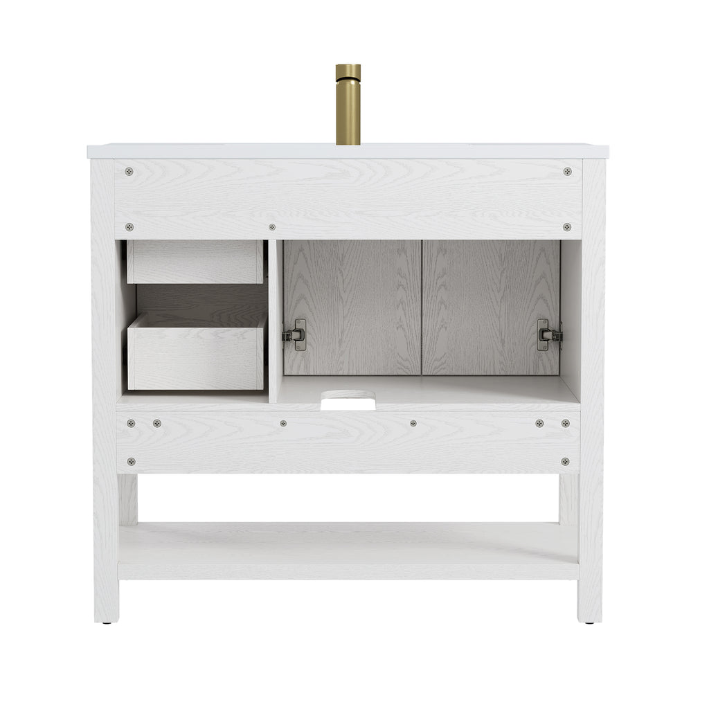 Deluxe Living 36" Bathroom Vanity with Sink,gold hardware,integrated SMC sink,2 drawers,open shelf storage,soft-close doors and adjustable feet,White
