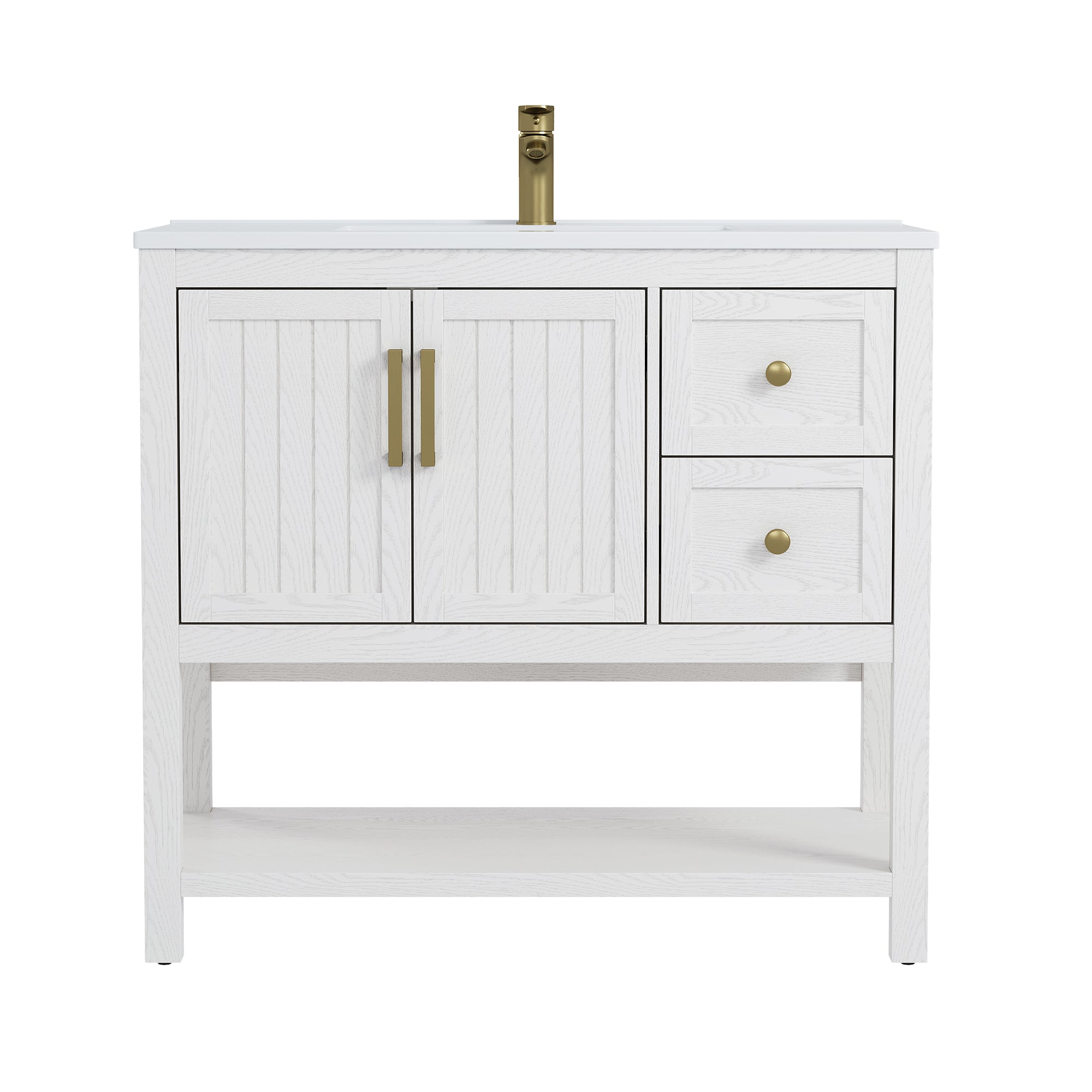 Deluxe Living 36" Bathroom Vanity with Sink,gold hardware,integrated SMC sink,2 drawers,open shelf storage,soft-close doors and adjustable feet,White