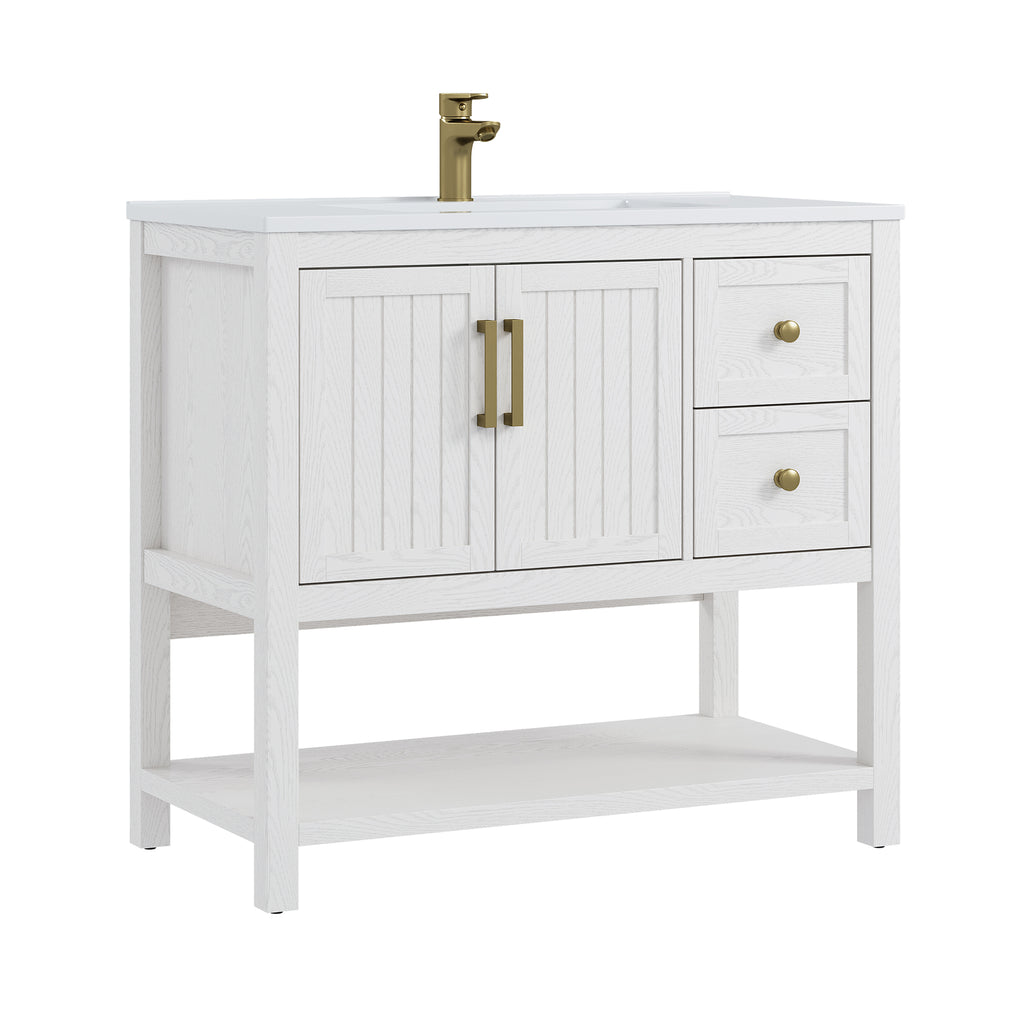Deluxe Living 36" Bathroom Vanity with Sink,gold hardware,integrated SMC sink,2 drawers,open shelf storage,soft-close doors and adjustable feet,White