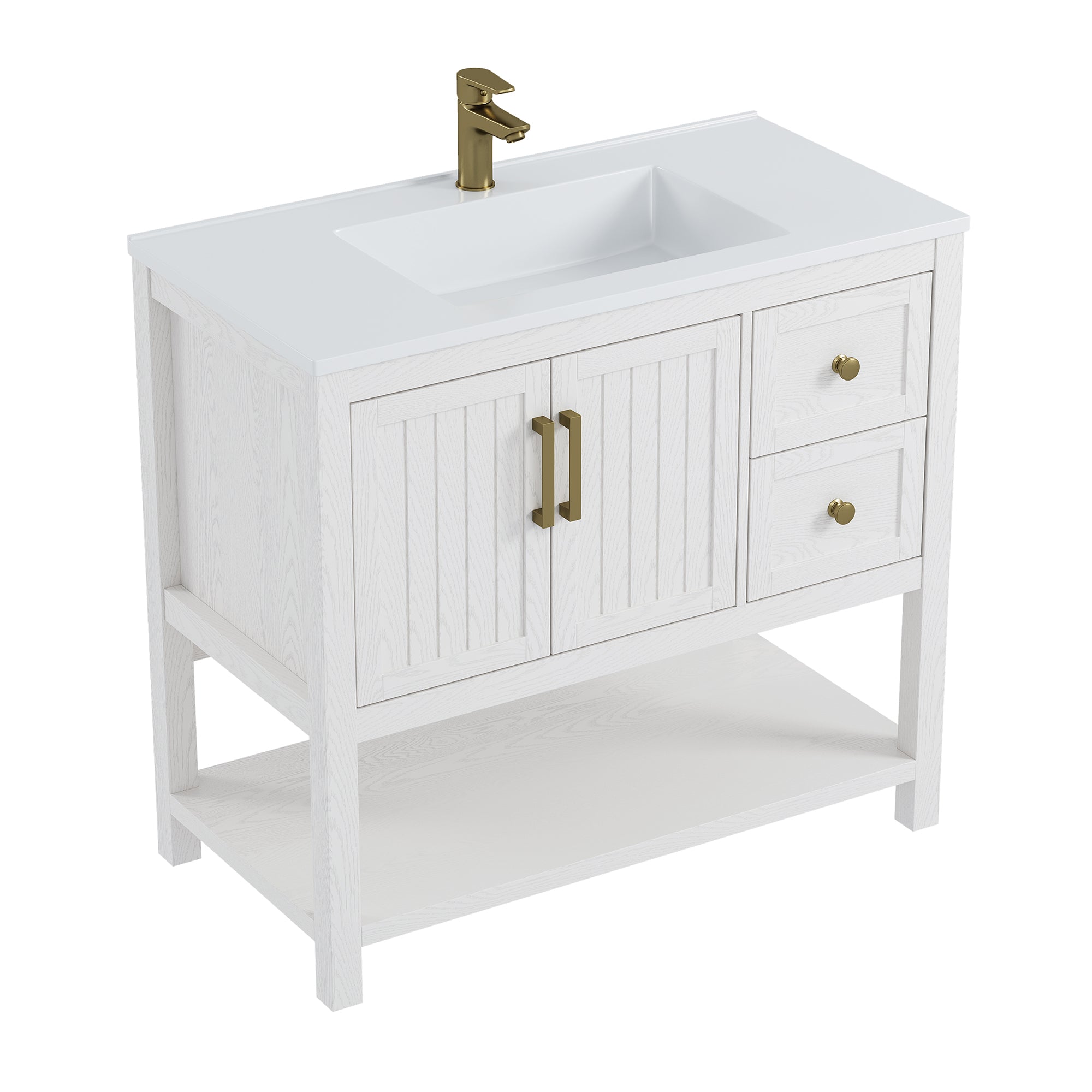 Deluxe Living 36" Bathroom Vanity with Sink,gold hardware,integrated SMC sink,2 drawers,open shelf storage,soft-close doors and adjustable feet,White