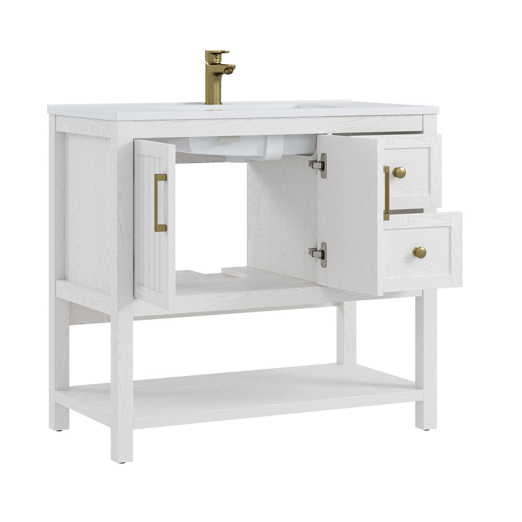 Deluxe Living 36" Bathroom Vanity with Sink,gold hardware,integrated SMC sink,2 drawers,open shelf storage,soft-close doors and adjustable feet,White