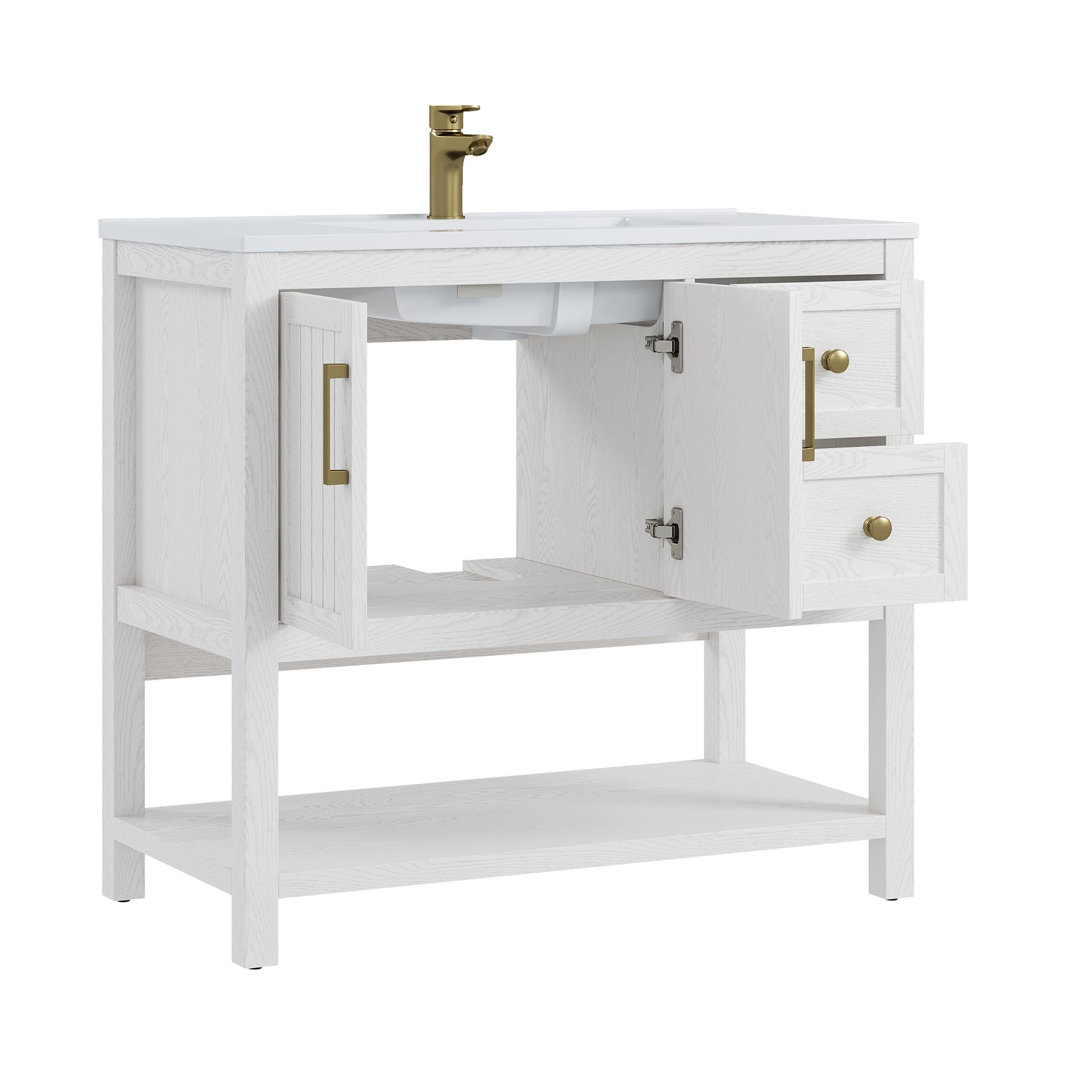 Deluxe Living 36" Bathroom Vanity with Sink,gold hardware,integrated SMC sink,2 drawers,open shelf storage,soft-close doors and adjustable feet,White