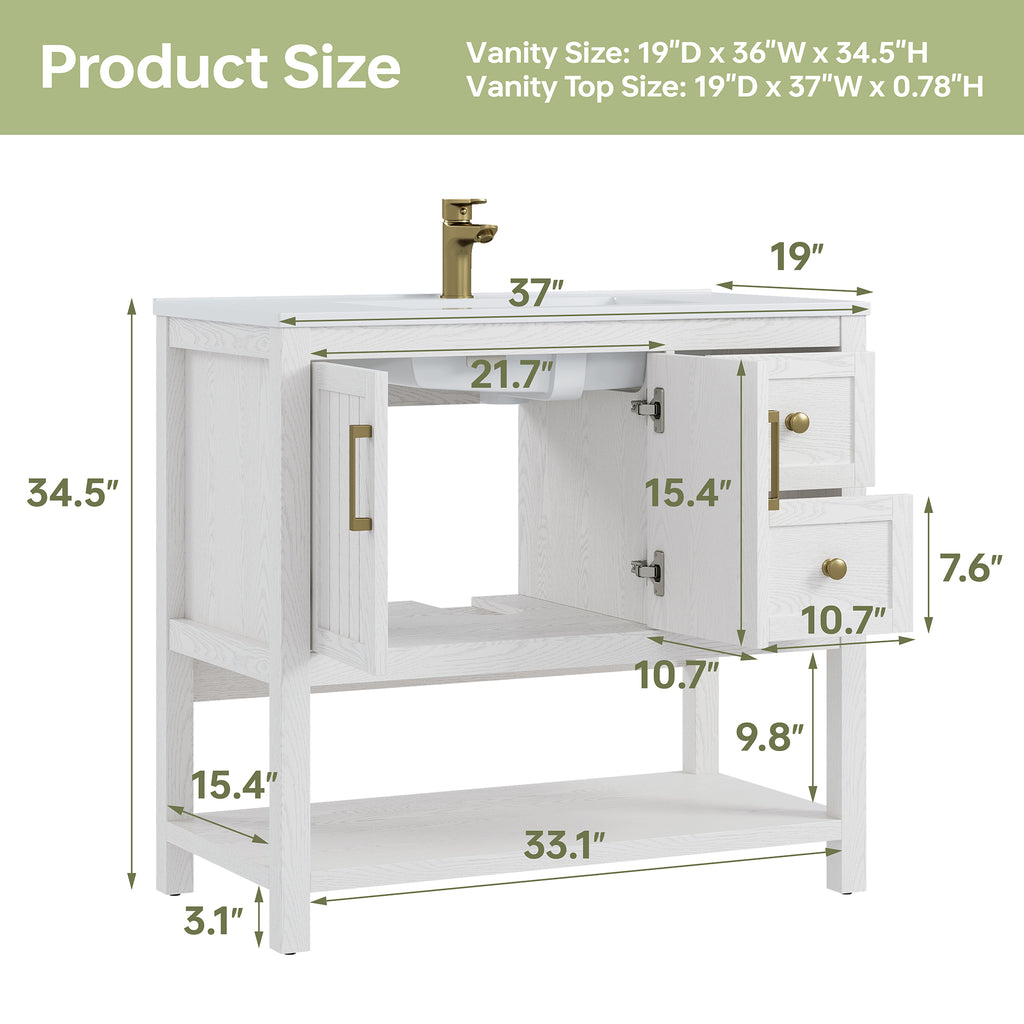 Deluxe Living 36" Bathroom Vanity with Sink,gold hardware,integrated SMC sink,2 drawers,open shelf storage,soft-close doors and adjustable feet,White