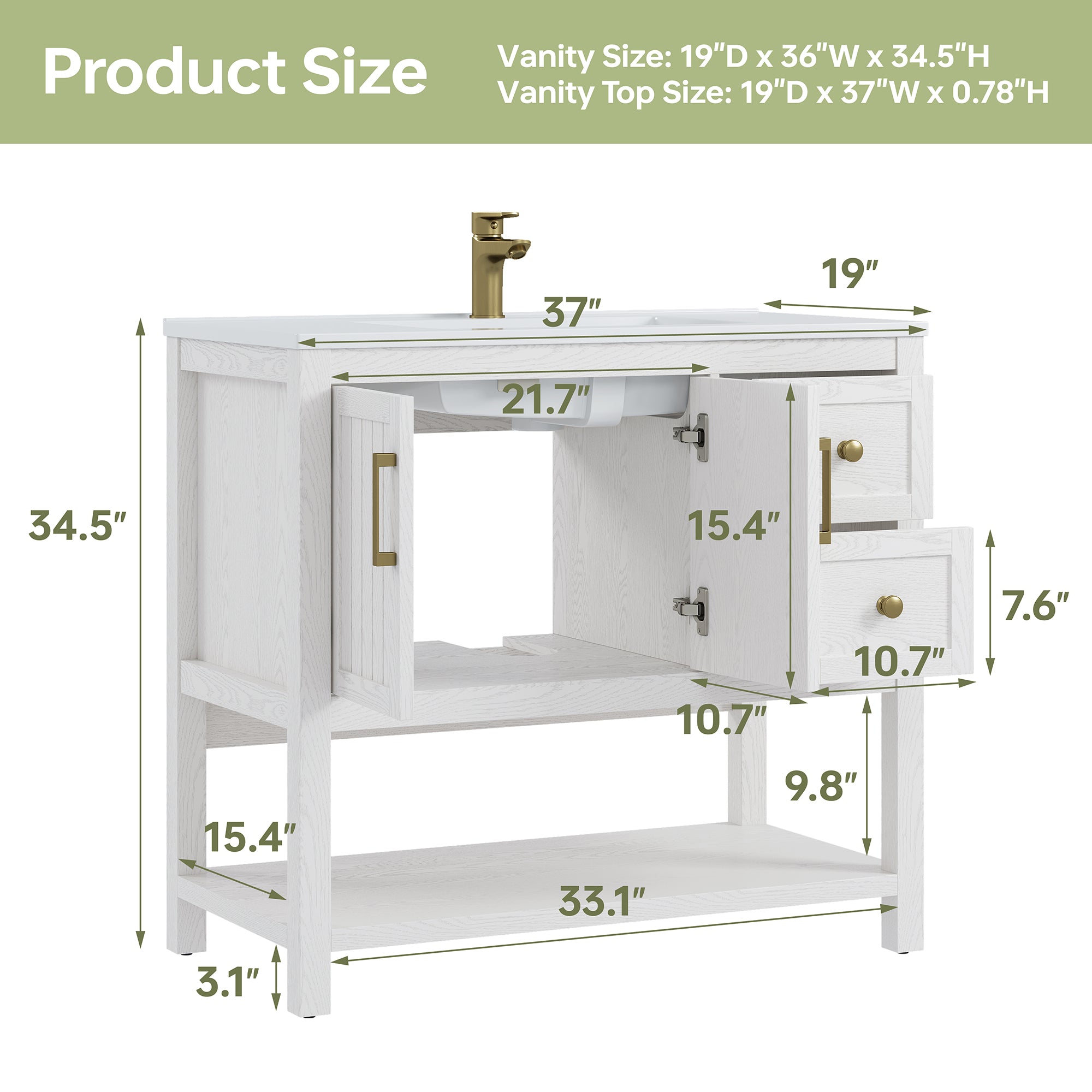Deluxe Living 36" Bathroom Vanity with Sink,gold hardware,integrated SMC sink,2 drawers,open shelf storage,soft-close doors and adjustable feet,White